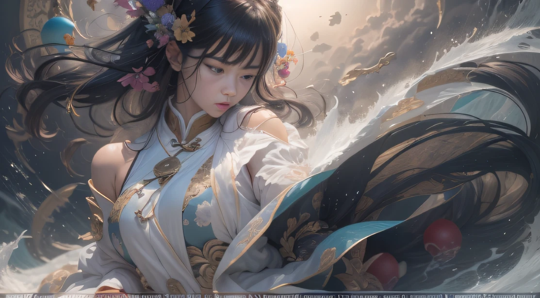Side whole body,Kunlun Mountain,The black-haired fairy descends the mountain,Tai Chi stunts,Pure mantra hard ginseng,full bodyesbian,Combat posture,Low viewing angle,Dim background,It was surrounded by a large amount of thick white fog,((an extremely delicate and beautiful one),((Brunette hair all over the body)),((Water balloons in hand)),Lightning surrounds the dark-haired woman,((water sphere)),Taoist temple,Taiqing Palace,Hanging water balloons,There is lightning inside the water balloon,unreal-engine,巨作, the highest picture quality,Highest resolution,8K,Extremely detailed images,Moon light,Shadow optimization,Realistic style,Black Haired Woman,Face away from the camera