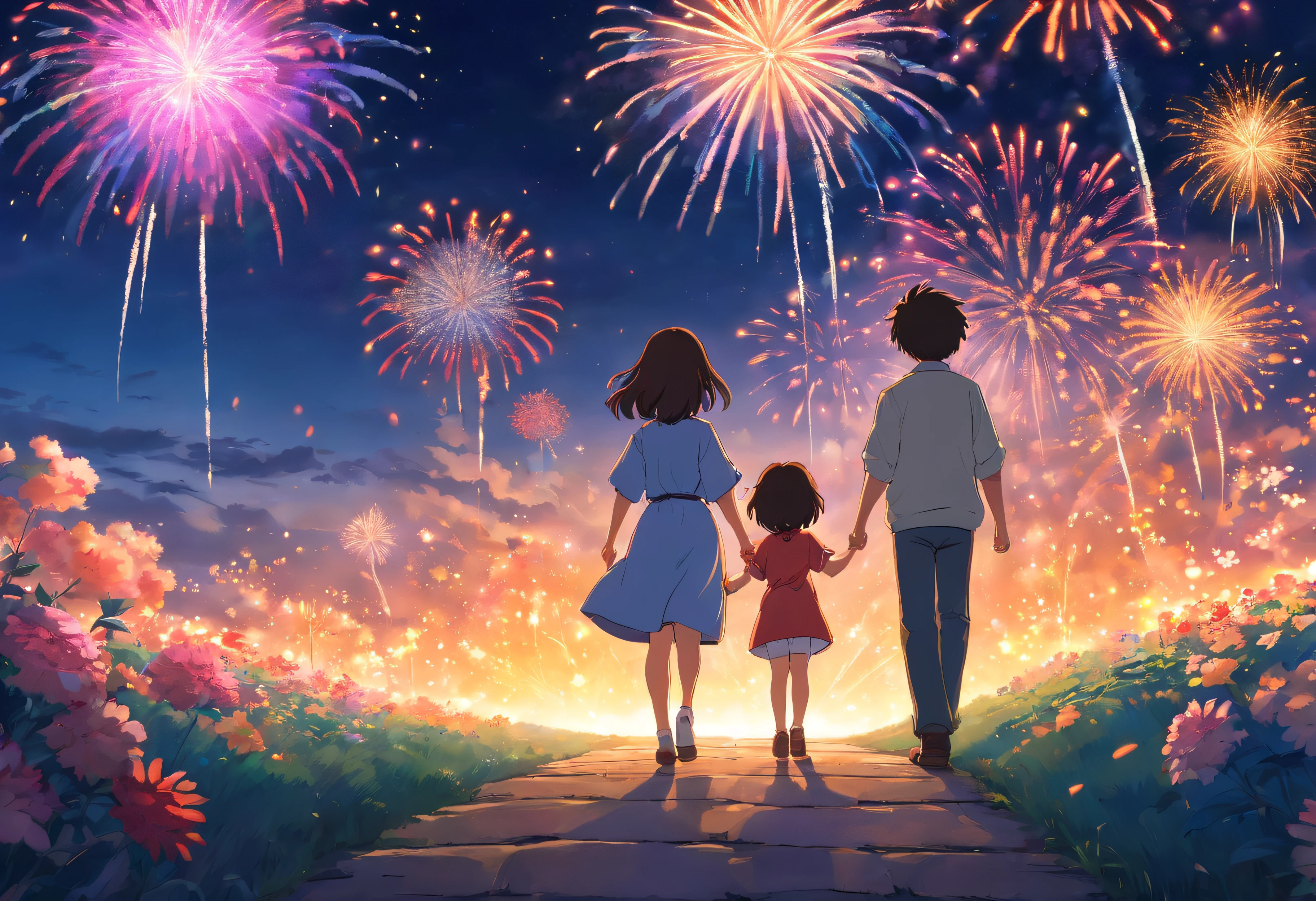 A boy and a girl were holding hands, and on the other side there was a beautiful fireworks display in night