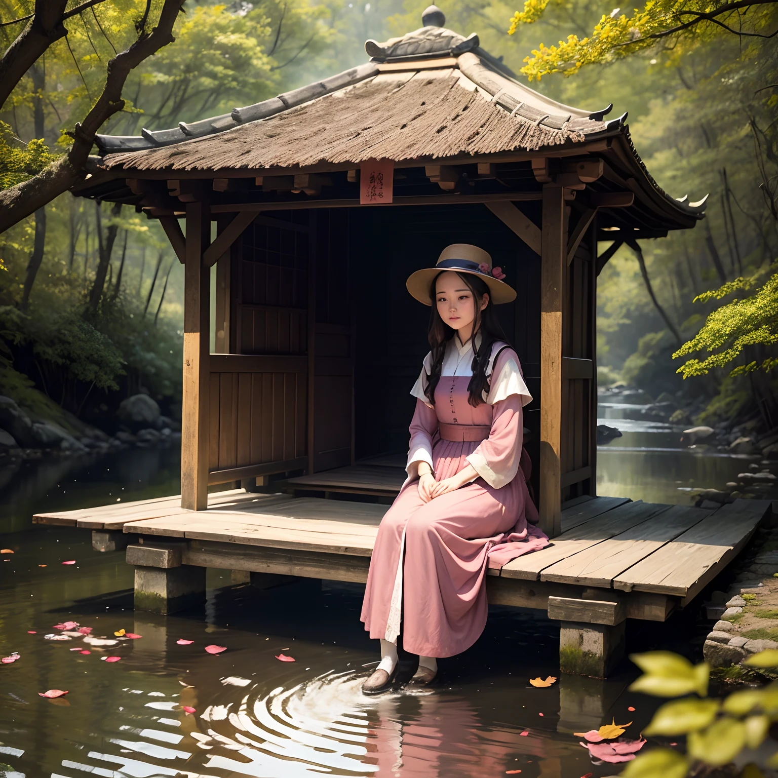 On the small bridge，A woman in period costume is sitting quietly，Beside her is a slowly flowing stream，A few pink fallen leaves floated in the water。She looked ahead，It was a pine forest，There are several huts in the forest，Smoke rose from the roof。Generate a stunning picture