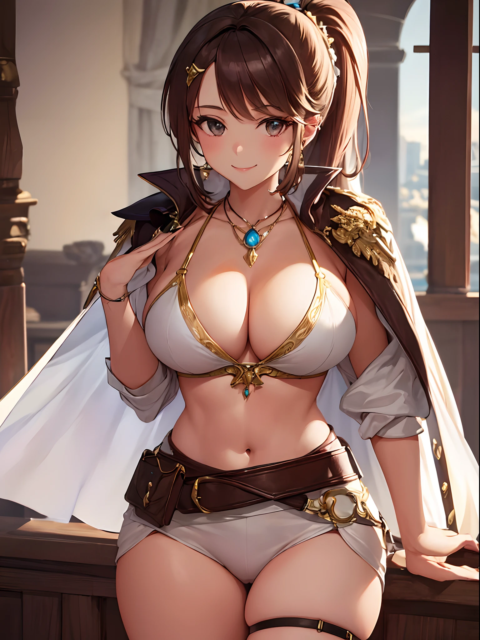 high ponytail,dress,large breasts,cape, bikini, (best quality, masterpiece, RAW photo,ultra-detailed:1.2), 1girl,solo,looking at viewer,smile