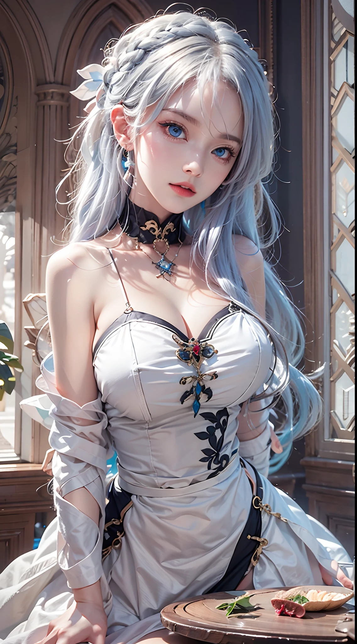 photorealistic, high resolution, soft lights, 1women, solo, hips up, blue eyes, white hair, long hair, maid costume, hips up, jewelry, tattoo