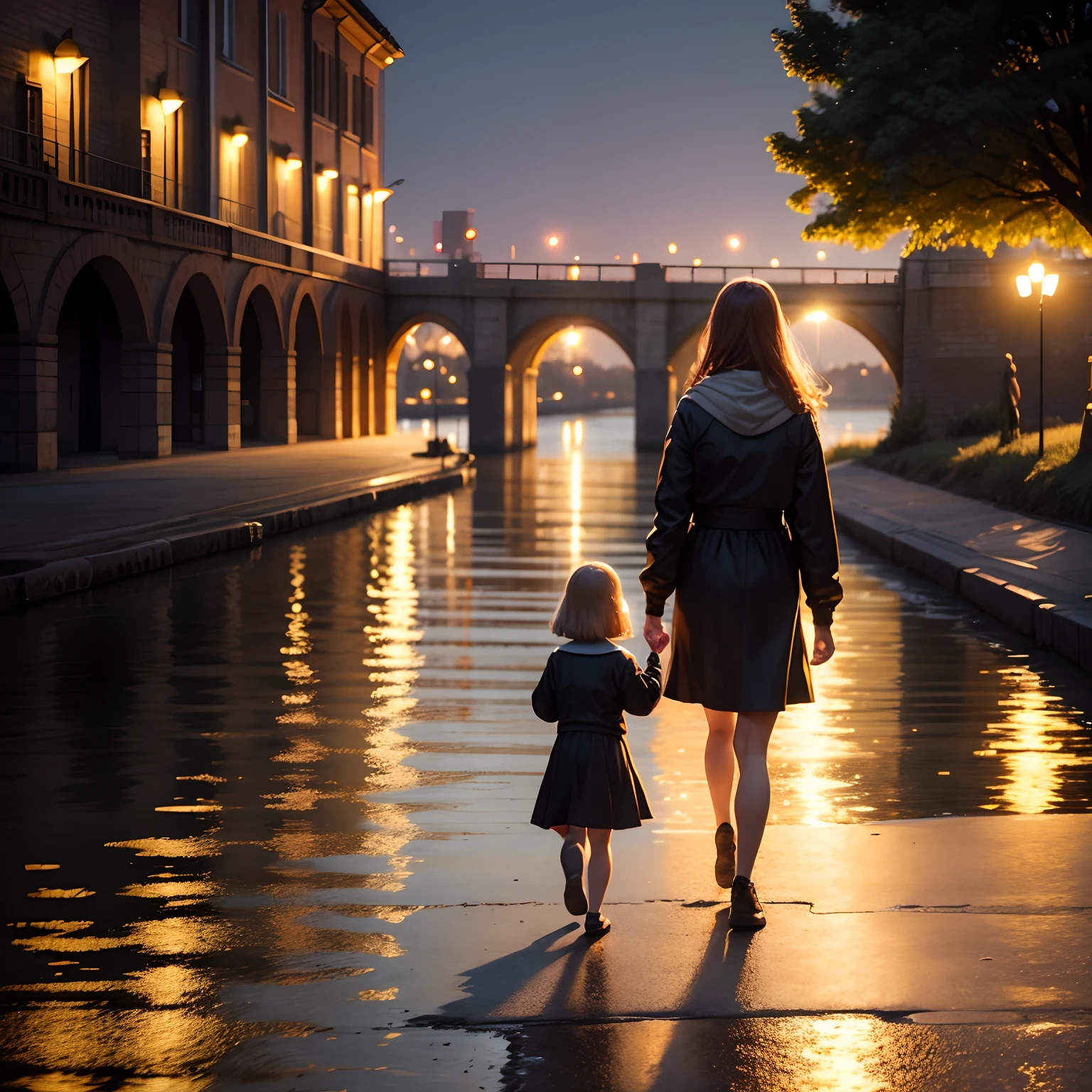 Take a walk by the river，evening light，bit girl，Realiy