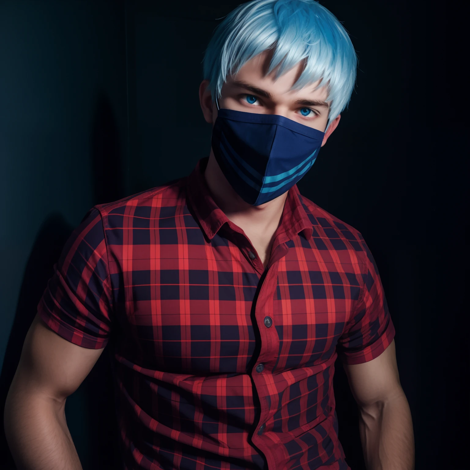 male posing, bottomless, skinny body, atmospheric, cute face, blue white hair, mask, dead inside, plaid shirt, dark lighting, hand at head, chainlet