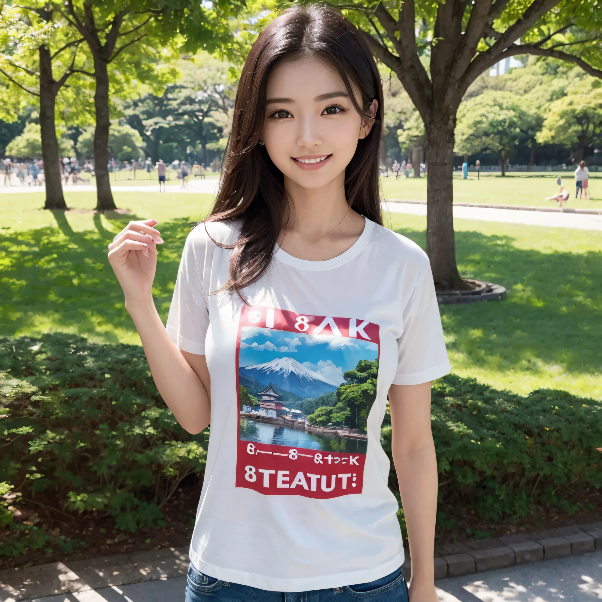 One beauty、((best qualtiy、8k masterpieces:1.3))、foco nítido:1.2、(ultra beautiful faces:1.0)、(shinny skin:1.0)、photos realistic、A dark-haired、Video Lighting、High-definition eyes and face、Video Lighting、25-year-old Japan actress、from the front side、medium breasts、Smile、Slender Abs Beauty、Whole body、Wearing a Japan T-shirt、In the park in the morning