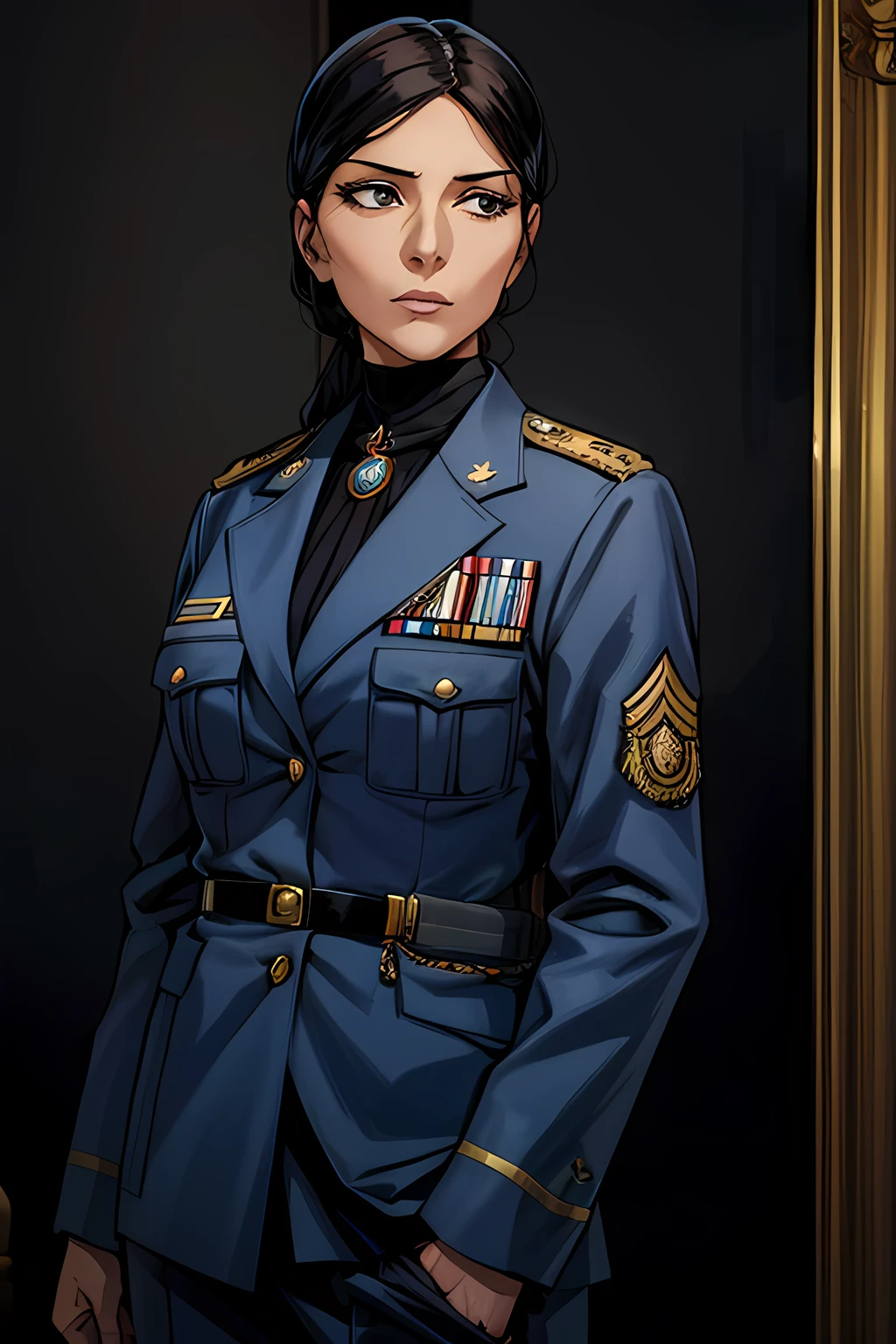 a masterpiece portrait of a 35 years old arab woman in a blue (admiral) uniform mature_female, black_hair, (brown_skin), military, serious, (hiyab:0.6), military_uniform suit, mariner, navy, looking_at_viewer, brooches, medals, solo cowboy_shot