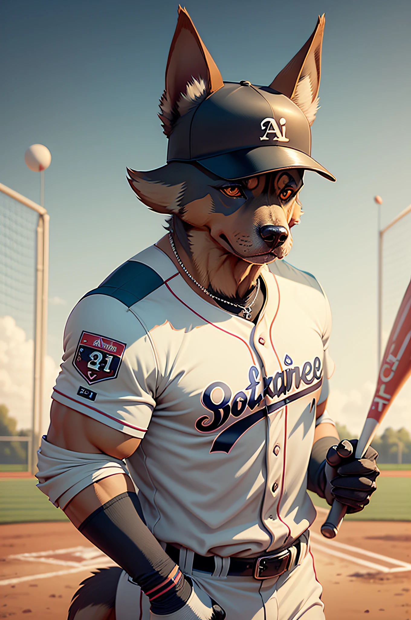 Furry,solo,blue fur wolf,Yellow stripes on the body,yellow eyes,(Realistic eye detail),Wear a Baseball Shirt,Not wearing pants,Standing on the baseball field,The penis is getting hard. realistic penis,Large penis,Evening,backlit,staring at the viewer,