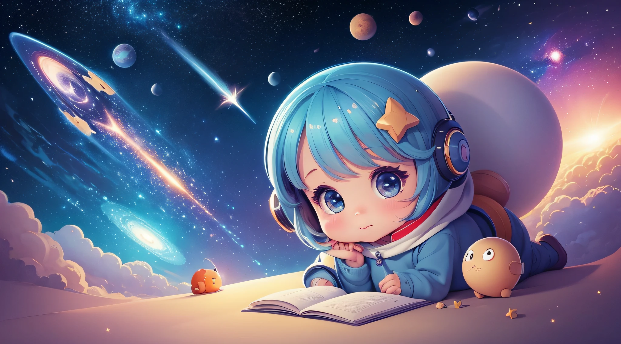 galaxies, rocket, planets, stars, cute illustration, cute art, cute characters, cute digital art, illustrated in whimsical style, children&#39;s illustration, cute features, illustration, cozy calm, cute detailed digital art