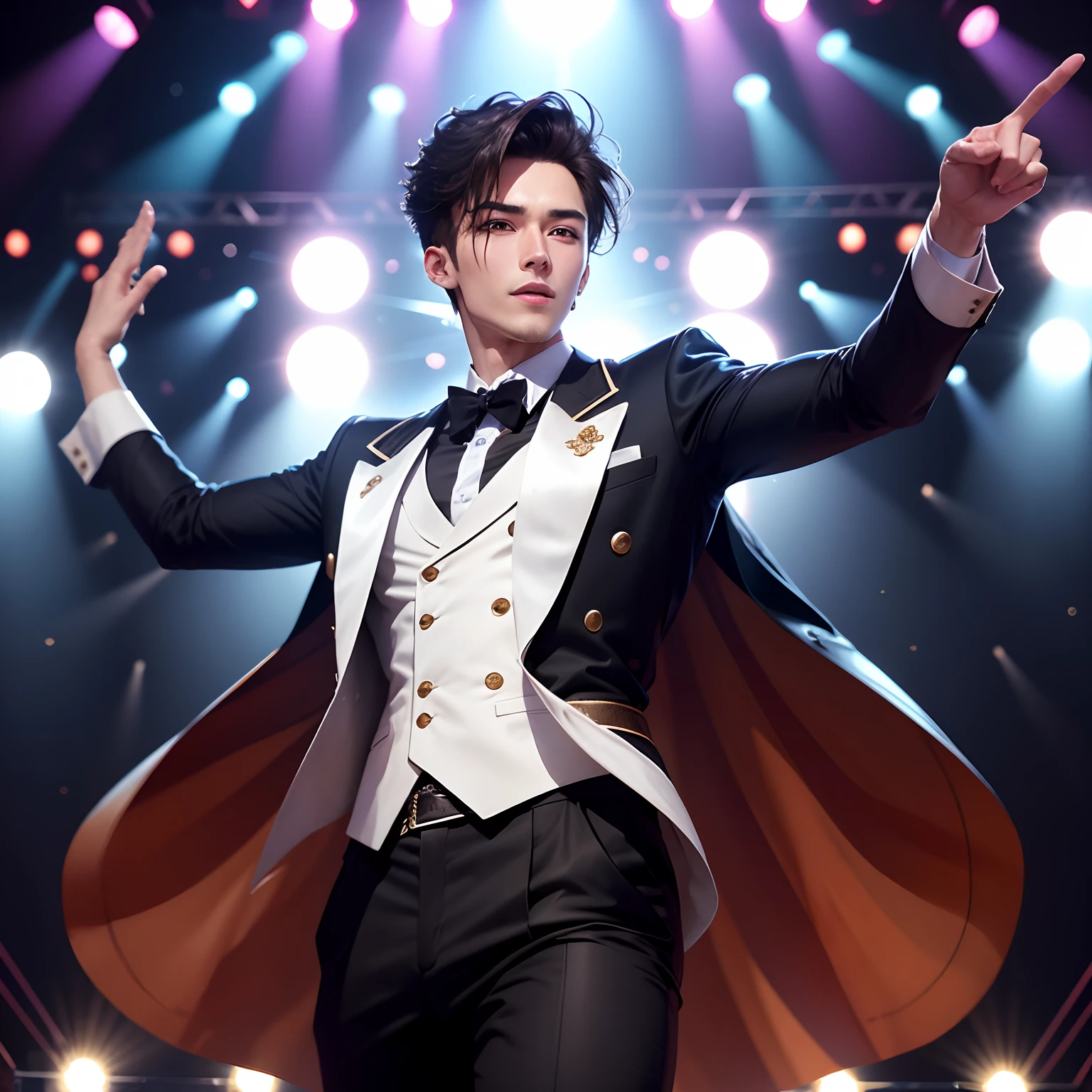Handsome guys dancing on stage,Be confident and energetic。His movements are powerful and graceful,Accompanied by dynamic music,Show his charm。His eyes were full of enthusiasm,It was as if the whole stage was set on fire,It is impossible to look away。