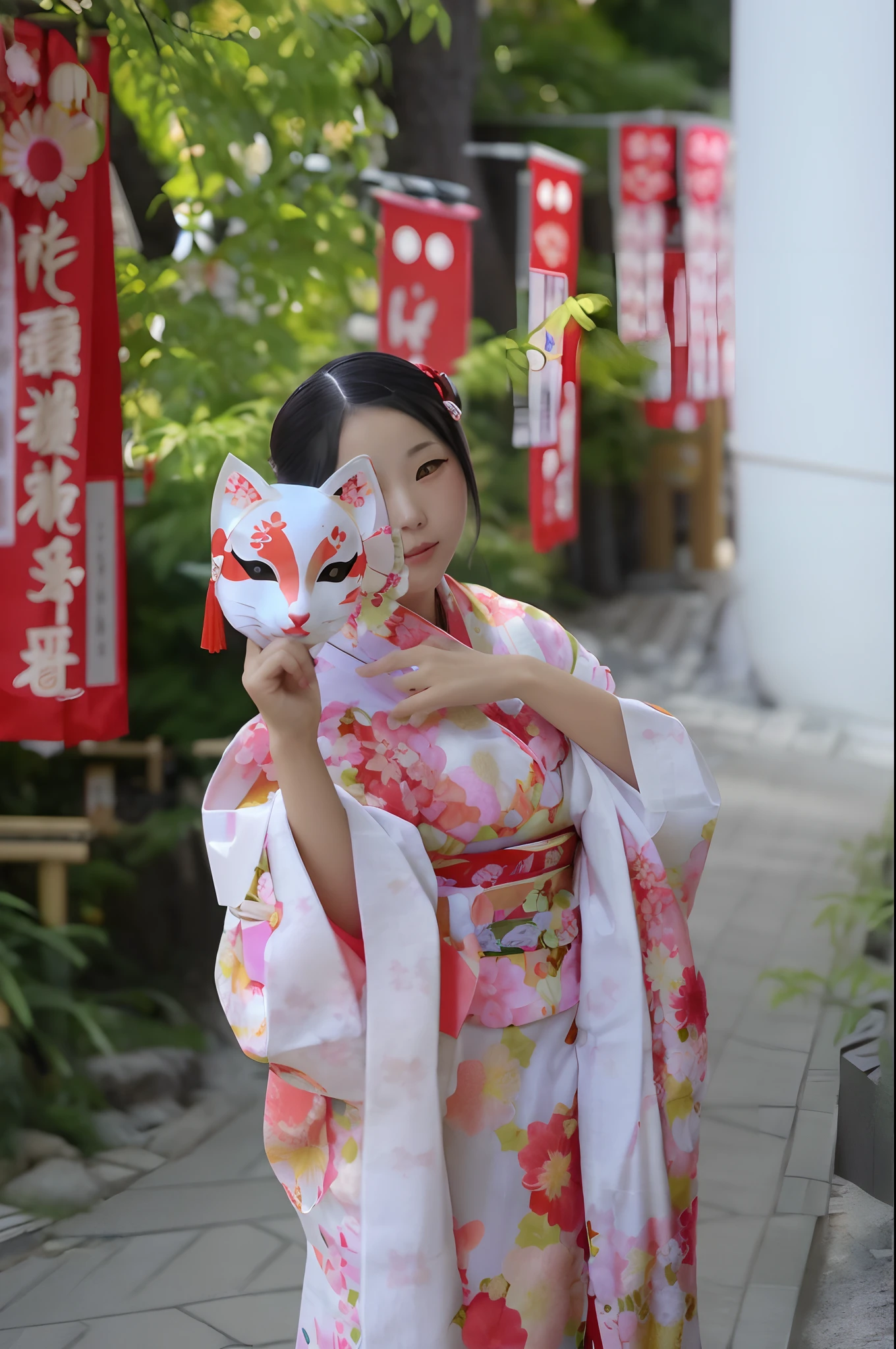 woman in a kimono with a cat mask on her face, with kitsune mask, wearing a kitsune mask, a beautiful kitsune woman, kitsune mask, kitsune mask on head, wearing a noh theatre mask, wearing a colorful yukata, wearing a kimono, wearing noh theatre mask, wearing kimono, in kimono, neko, in a kimono, japanese woman