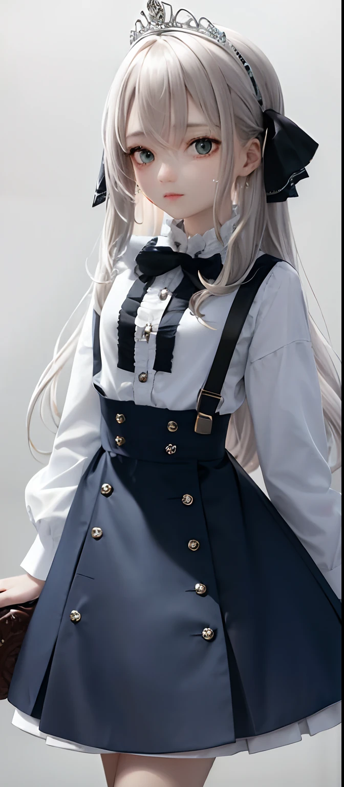 1girl, (masterpiece:1.1), (best quality:1.1), (white blouse:1.1), (checkered skirt:1.1), school uniform, high-waist skirt, BREAK [blue:pink:0.5] theme, (gradient background:1.1), cowboy shot, BREAK silver hair, long hair, , green eyes, intricate detailed tiara, looking to the side,