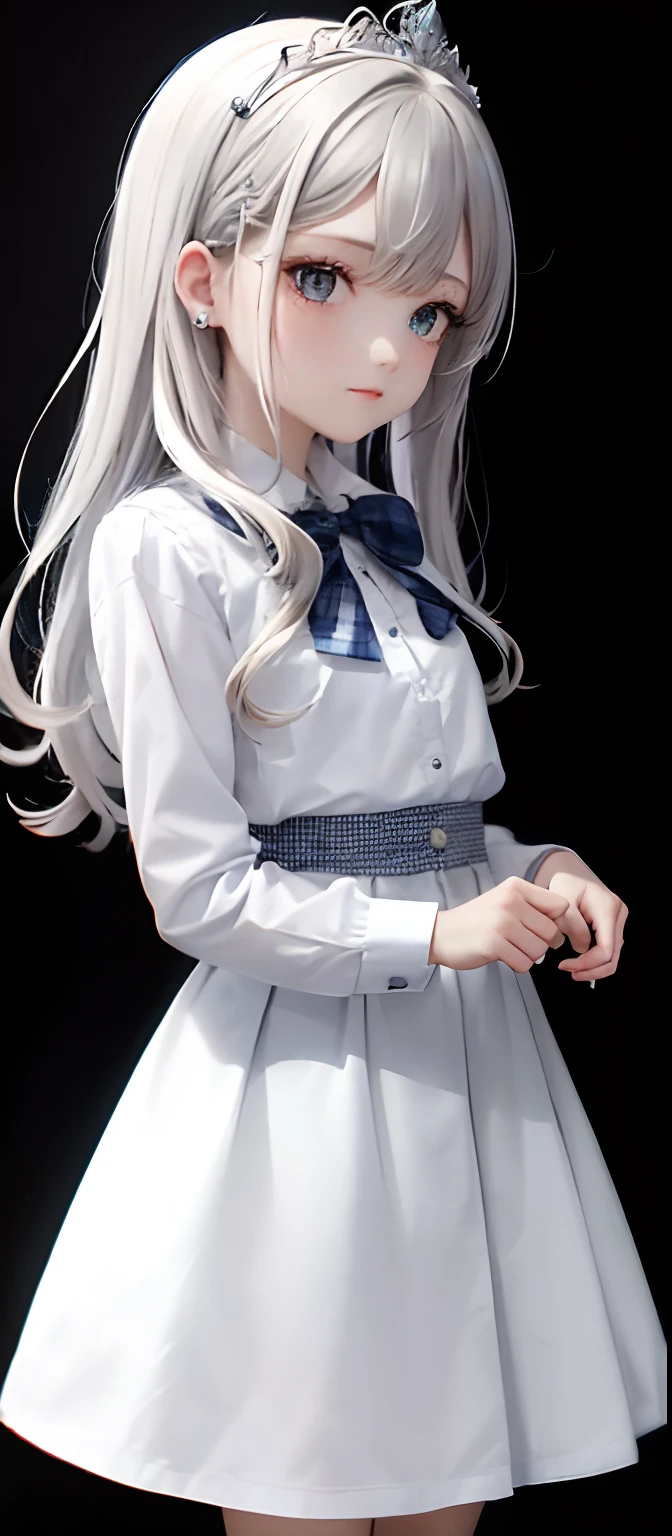 1girl, (masterpiece:1.1), (best quality:1.1), (white blouse:1.1), (checkered skirt:1.1), school uniform, high-waist skirt, BREAK [blue:pink:0.5] theme, (gradient background:1.1), cowboy shot, BREAK silver hair, long hair, , green eyes, intricate detailed tiara, looking to the side,