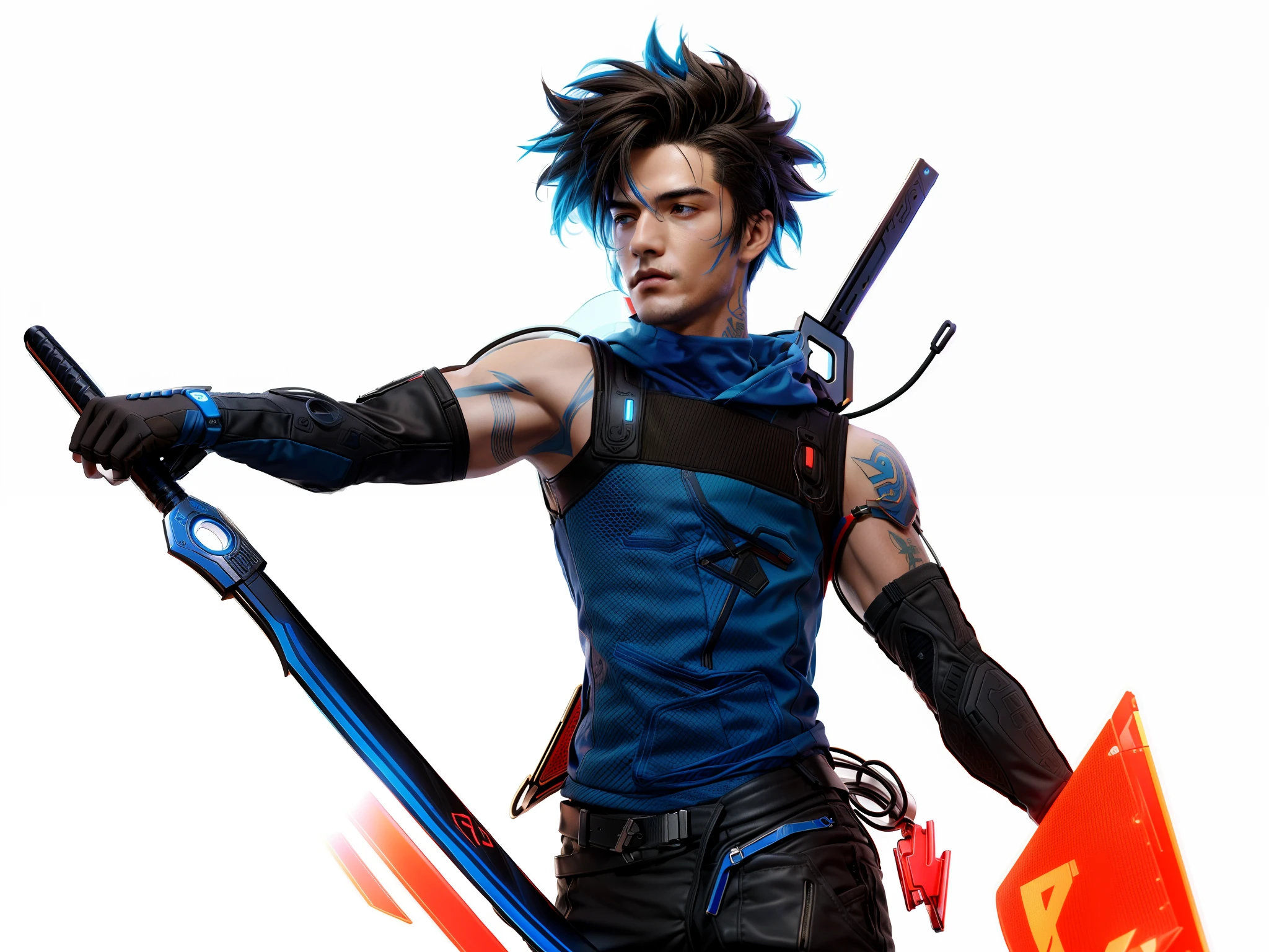 Personaje de anime con espada, Chico asiatico guapo, Badass Anime 8K, Image of a futuristic-looking man with a dark brown mohawk mullet hairstyle, Yuu Shirota, Retrato, realistic artistic style, Arte del personaje masculino humano, cyberpunk hero, Retrato detallado del personaje, Personaje cyberpunk, Retrato de un hombre cyberpunk, proporciones realistas, ojos azules, sudadera con capucha azul, arneses negros con luces rojas, pose ruda, Small head