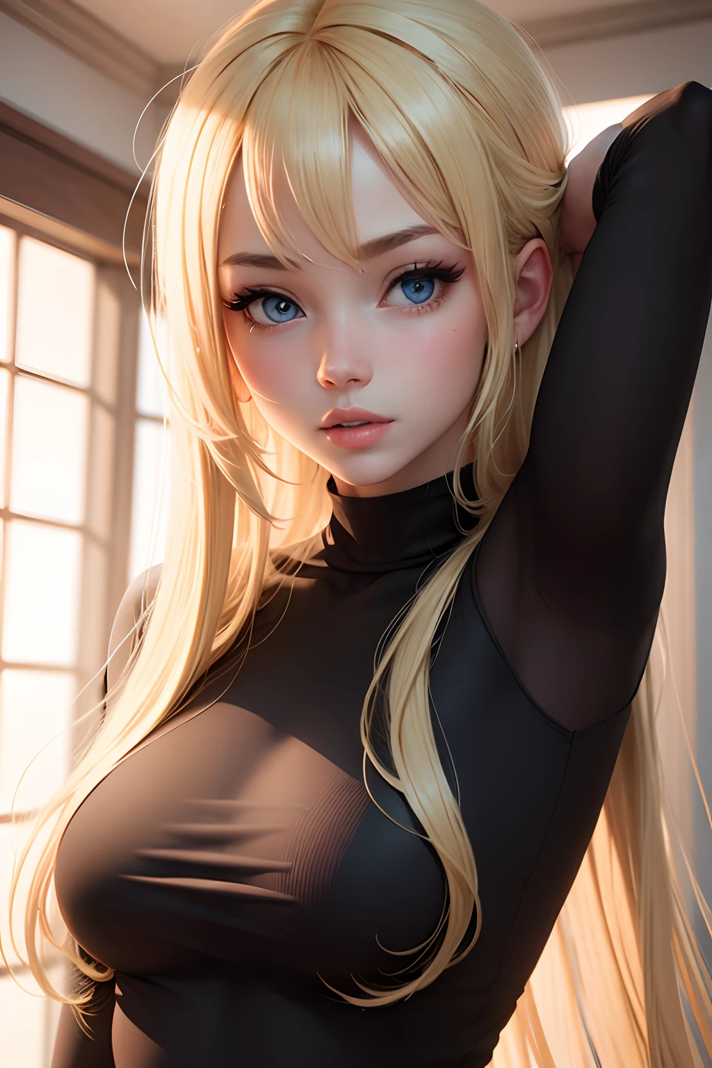 1girl, (best quality, masterpiece, ultra high resolution),(photorealistic:1.37), (immersive atmosphere, chiaroscuro:1.5,bright light:1.2,luminous lighting), cute, slim,(pale skin, shiny skin), (looks at the viewer), black hair, long hair, dark eyes, (large breasts),top fashion, (t-shirt:1.3), black pantyhose, (night, bedroom, bed sheet), sitting, lower body, (hand between legs:1.3),