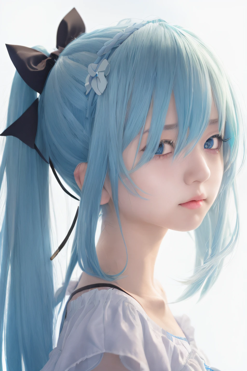 1 girl, Rimuru Tempest, white skirt, blue hair and a bow in her hair, ponytailgirl hair, golden yellow eyes, realistic, ultra detail, hatsune miku portrait, beautiful face, 70mm lens,