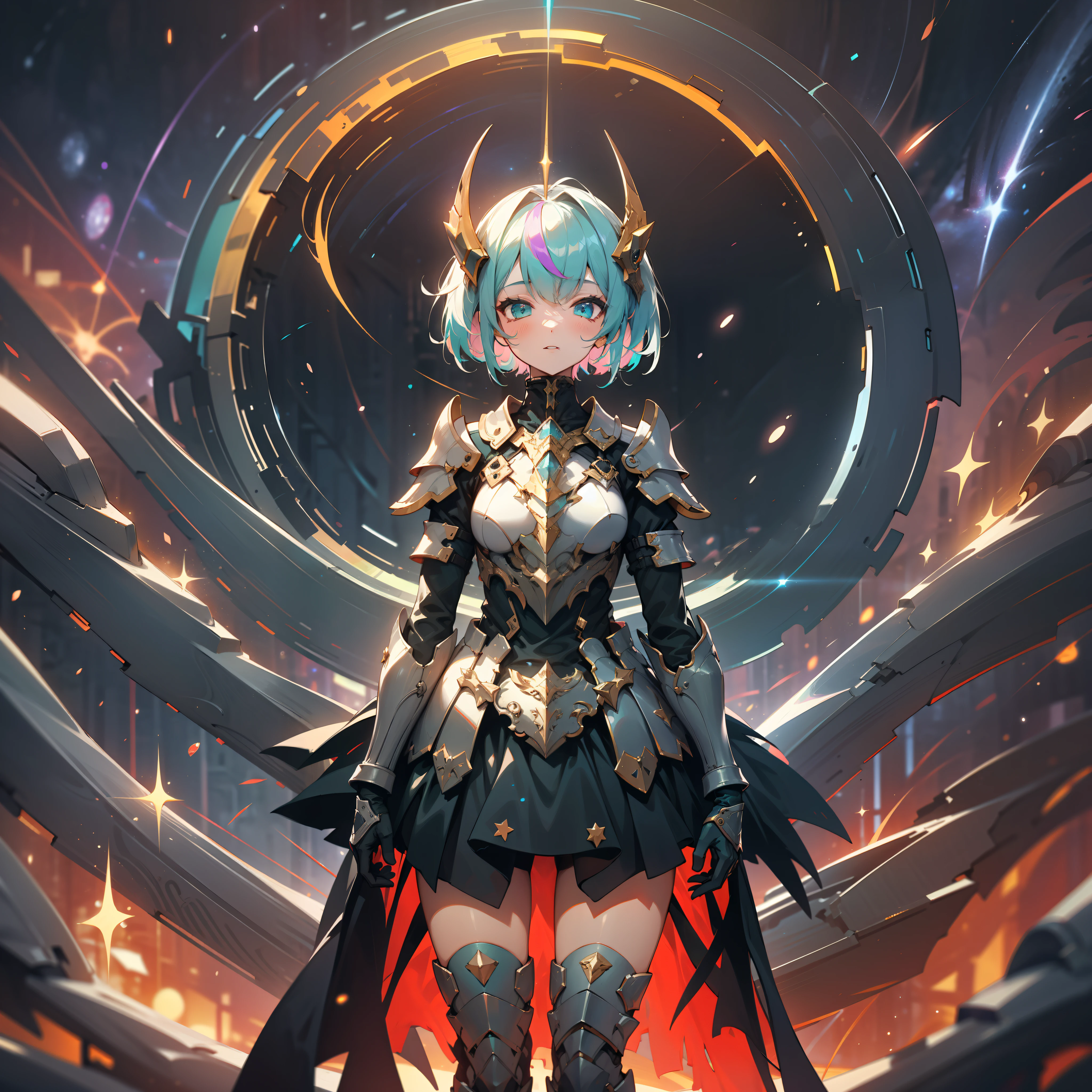 a girl, wildly rainbow colored short hair, dark fantasy, rainbow teal colored dress armor, standing, cosmic nebula background, stars, galaxies, surrounded by dark machines and shadows