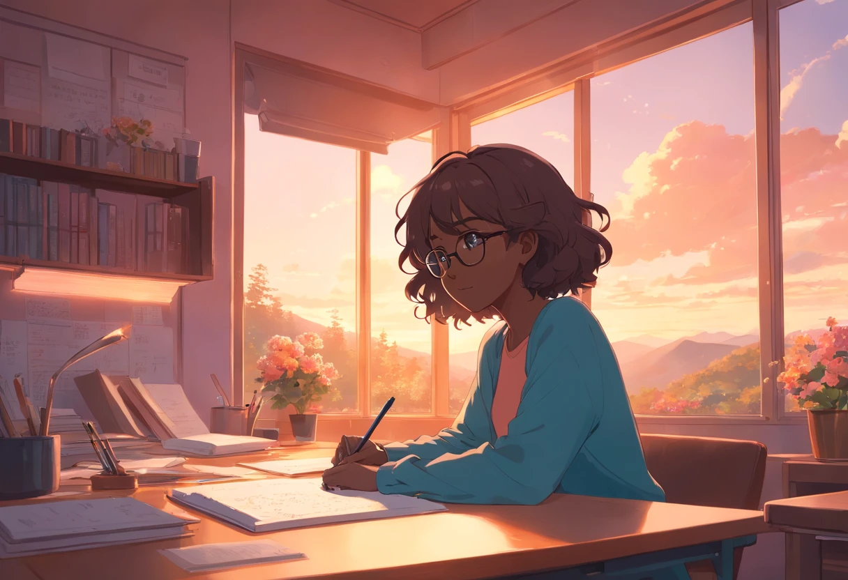 no human, (dark skin), curly hair, studying in her peach pastel room, cozy study desk, glasses, large window overlooking beautiful nature scenery, (staring at the scenery), floral notebooks