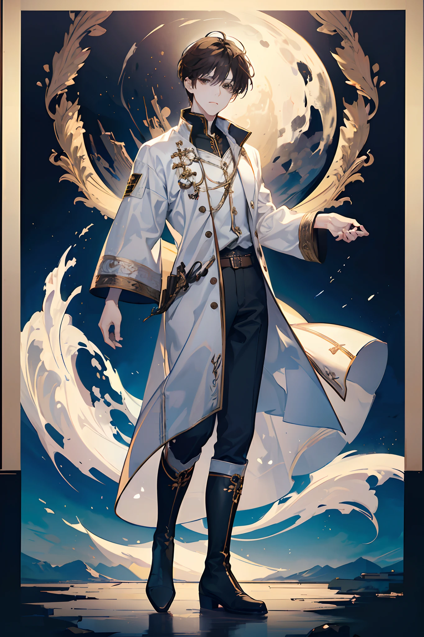 1 boy, solo, light brown hair guy, wavy short hair, brown eyes, shirt, high boots, white clothing, white doctor clothes, white doctor coat, looking at viewer, fantasy art, beautiful painting, guwaika style, epic exquisite character art, stunning characters, man, lean (reference sheet:1.5)