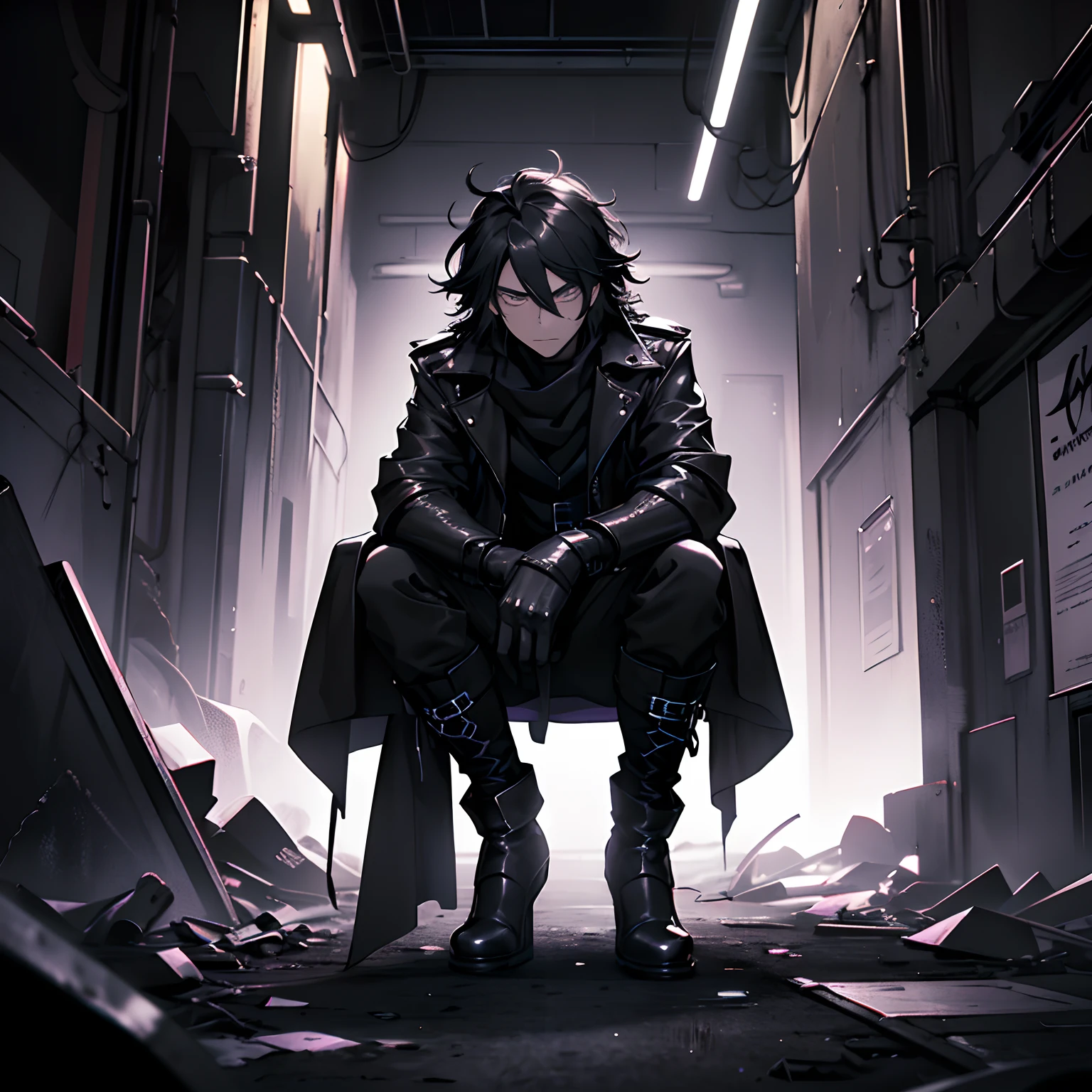1970's,A decadent boy,(Elongated eyes),sleepy-eyed,dark vibe atmosphere,,(Black scarf),(Leather gloves),Messy hair,(black shirt),(Black booties),(black sock),(Sad eyes),Cynically looking at the camera,(Light color art style),(Desolate lighting),(Silence)。