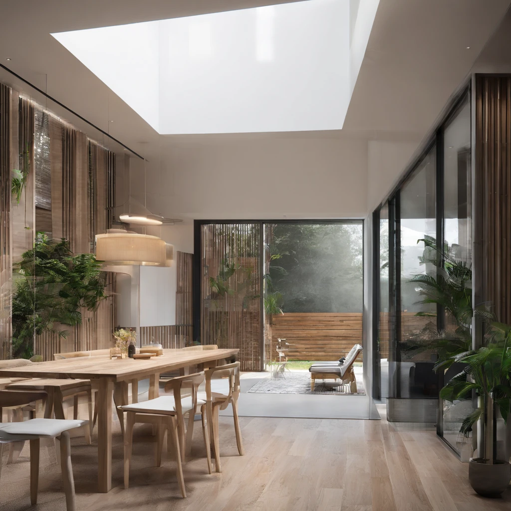 there is a dining table and benches in a room with a staircase, 3 d rendering, very realistic 3 d render, render vray, house interior, keem interior layout as it is. make a interior design for this stair room. elegant stair room space with dinning room. Focal Point; SRAIR, Time of Day;evening. accurate and detailed. editorial style, eye-level,style; Contemporary. lighting natural plus artificial, mood elegant, add indor plant