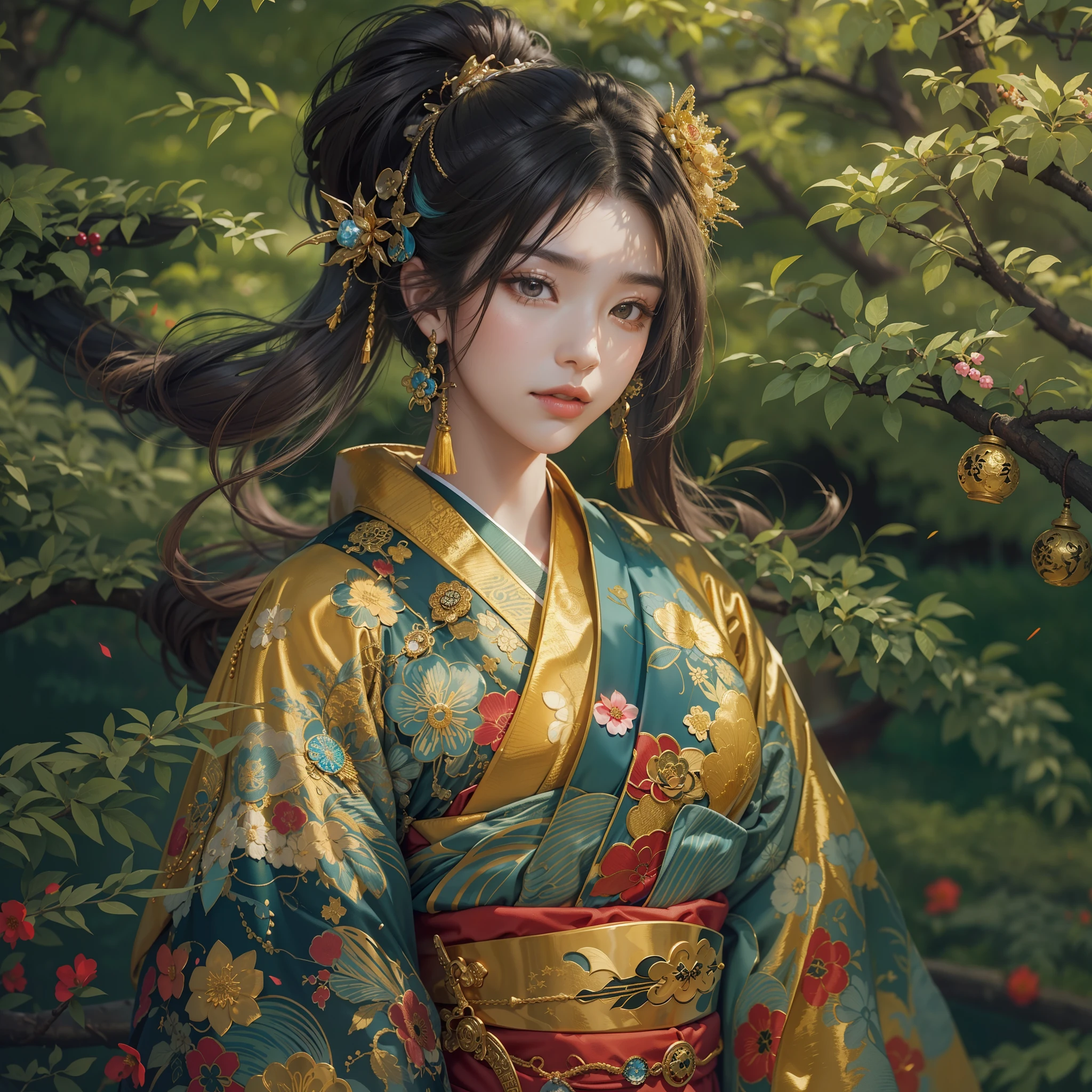 a moon、Detailed background((ancient city:1.2),细致背景)、Elegant backgrounds,Zen entanglement, mandalas, Tangled, Tangled,glossy dark hair,poneyTail,Lots of bouquets in hand, BREAK,elaborate costume{Luxury kimono(Colorful kimono(Detailed golden embroidery,))}、Japanese Idol(actress),Depict a beautiful and graceful woman of Japan。Heart in the eye。 Wallpaper 8K, .Blur the background with a sickle,((masutepiece)), ((Best Quality)),{{a portrait photo of}},full body Esbian