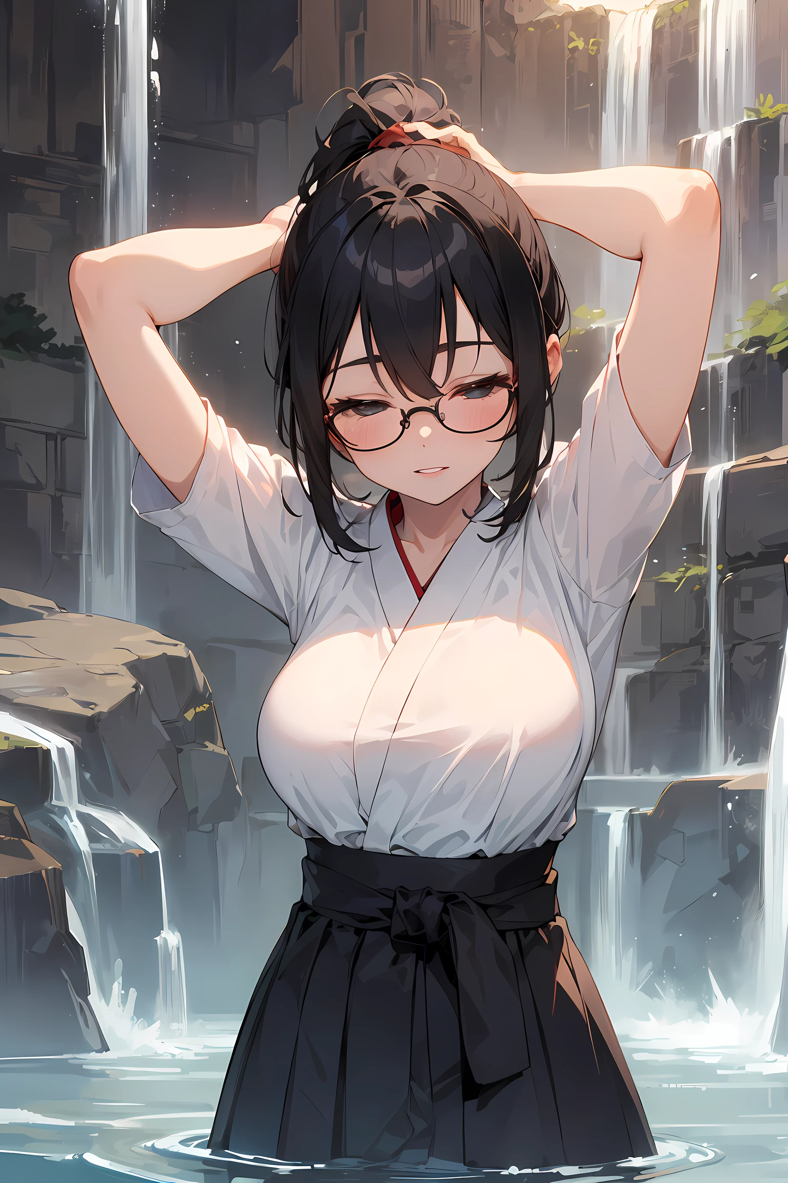 (Priestess being struck by a waterfall:1.3), high resolution, Photo of a beautiful woman detailed_face, young handsome girl,realistic:0.5, perfect skin, (wearing a glasses:1.5), from behind:1.5, (ultra-detailed background, detailed background), bokeh, make happy expressions, happy emotion, gorgeous,pure, beautyfull detailed face and eyes,breasts, (black eyes:1.1), (a extremely pretty and beautiful Japanese woman), (sexy girl), (professional attire:1.3), (22 years old: 1.1), BREAK, (lovely outfit:1.2), (detailed miko outfit:1.2), (white dogi:1.2), (red hakama:1.2))), beautiful detailed skin, (cute:1.2), (black hair), ((jpop idol)), (upper thigh:0.6), (depth of field),soft light, Lens Glow looking at viewer, (Drooping eyes:1.2), straight teeth,smile, floating hair, (black hair:1.2), brown eyes BREAK movie scene, cinematic, full colors, 4k, 8k, 16k, RAW photo, masterpiece, professionally color graded, professional photography, high school girl, hair up, , soft clean focus, realistic lighting and shading, (an extremely delicate and beautiful art)1.3, elegant,active angle,dynamism pose BREAK (ponytail:1.3), (shiny-black thin hair:1.2), bangs, dark brown eyes, beautiful eyes, princess eyes, (big eyes:1.3), bangs, wearing a glasses:1.3, Hair between eyes, short hair:1.3, (slender:1.1), (medium-breasts:0.95), (thin waist: 1.15), (detailed beautiful girl: 1.4), Parted lips, Red lips, full-make-up face, (shiny skin), ((Perfect Female Body)), (upper body image:1.3), Perfect Anatomy, Perfect Proportions, (most beautiful Korean actress face:1.3, extremely cute and beautiful Japanese actress face:1.3), ,(1glasses girl:1.3, solo), ,(blush:1.1), gray background, solo focus, (bust shot:1.2), cinematic light, (nostalgic night scene:1.4), (waterfall:1.4), (moon light:1.3), (arms down:1.4), (looking at viewer:1.2), (in water:1.3), (under waterfall:1.3), (closed eyes:1.3),