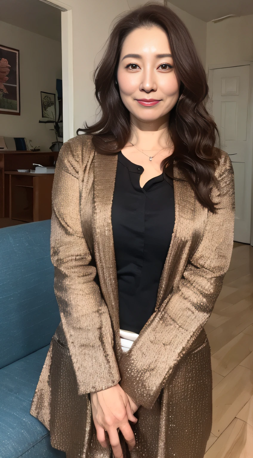 ((midynight, Need, 8K, tmasterpiece:1.3)), full bodyesbian, Long legs, Focalors:1.2, perfect figure beautiful woman:1.4, ((Dark brown hair)), (Elegant black shirt, standing on your feet:1.2), ((inside in room)), Highly detailed facial and skin texture, A detailed eye, 二重まぶた,Beauty,Bigchest,Wavy hair, Wrinkles at the corners of the eyes, to emphasize, ,aged 40, Wrinkled eyes,