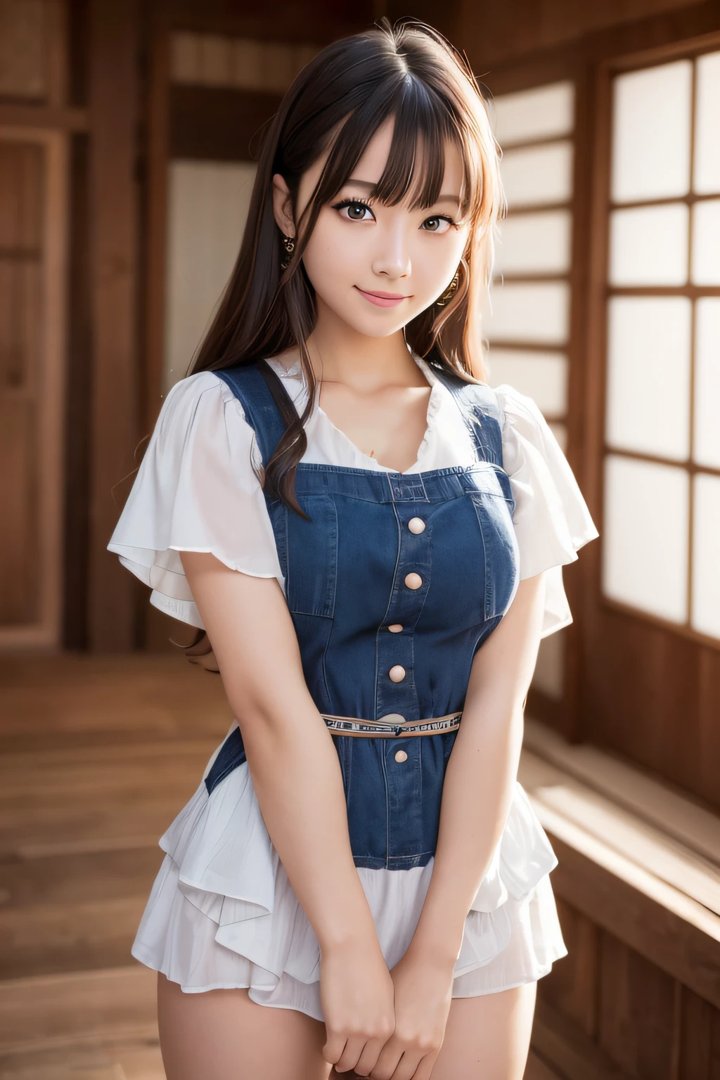 ((masutepiece, Best Quality, hight resolution, nffsw, Perfect Pixel, 4K, nffsw, nffsw))), 1girl in, Single, Solo, Beautie、full body seen, ((Middle Wave Hair, Bangs, Brown hair)), ((Brown-eyed, Beautiful eyelashes, Realistic eyes)), ((Detailed face, Blushing:1.2)), ((Smooth texture:0.75, Realistic texture:0.65, Photorealistic:1.1, Anime CG style)), large full breasts, Dynamic Angle, Perfect body, ((English Made, white frilled maid headband, frilled blouse, Ribbon Ties, pinafore, Dark blue mini skirt, silk socks, high-heels)), City staircase, Looking up from the bottom of the stairs, Very embarrassing, Panic Smile, turned around, bending forward, ((The wind flipped my skirt and exposed my butt....................., Looking back, Touching the buttocks with both hands, Silk lace panties, shiny thighs)),