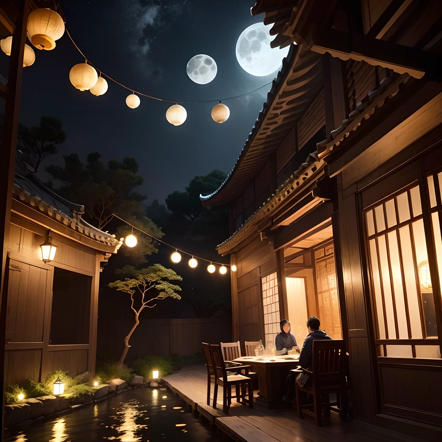 Mid-autumn night，The sky is washing，The full moon is like a disk。The family gathers in the courtyard，Enjoy the breeze，Moonlight is like water。The table is covered with a variety of delicacies and exquisite mooncakes，A faint scent of osmanthus fills the air。Everyone laughed a lot，It conveys warmth and joy。under moonlight，The ancient ginkgo tree seemed to be coated with a layer of silver light，Listen quietly to the psalms of the moonlit night。At the moment，The mind is bathed in tranquility and harmony，Feel the tranquility of the years。
