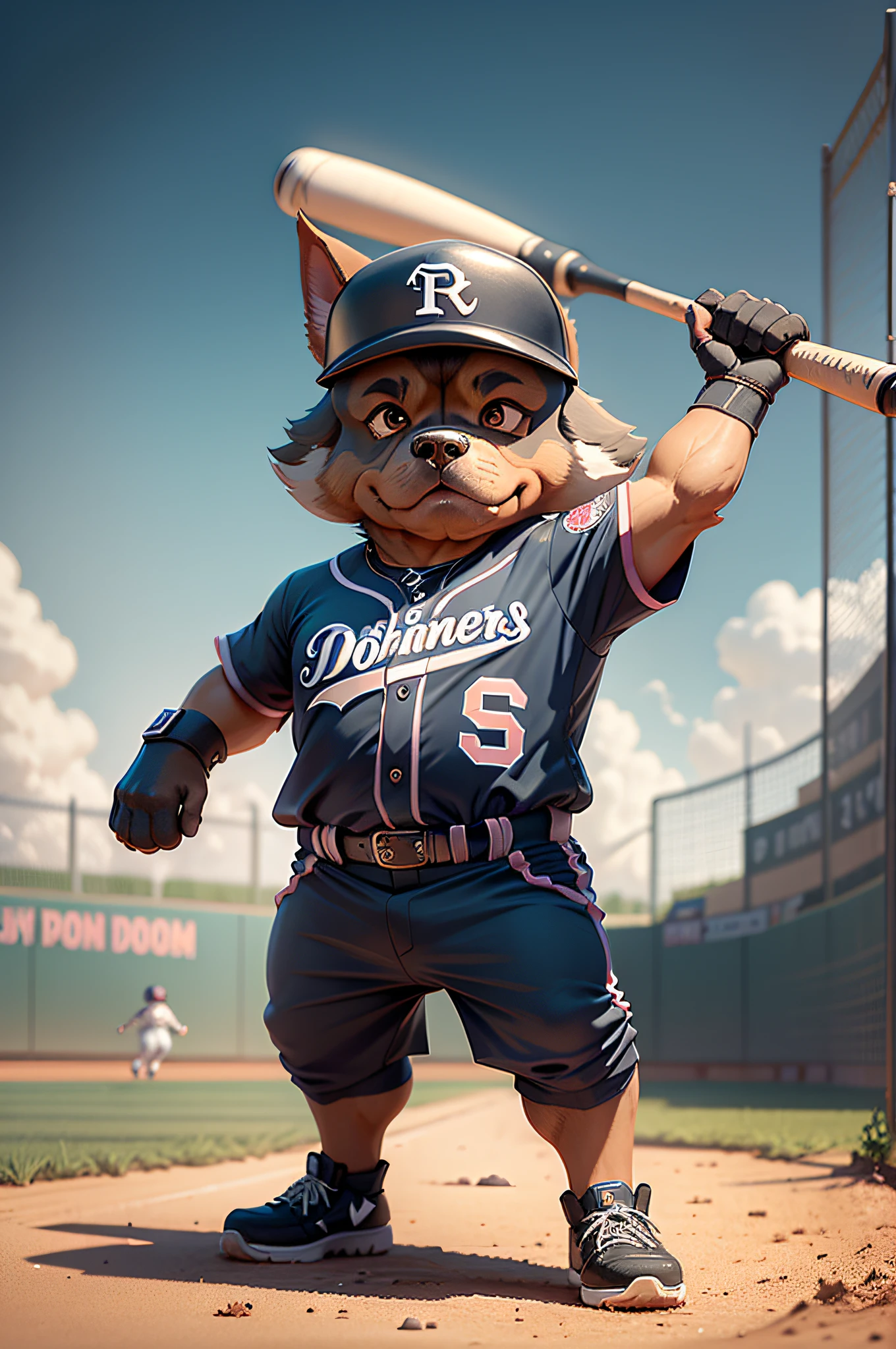 C4tt4stic, Cartoon Doberman dog of baseball player hitting in baseball uniform(The specifics of the appearance of Doberman dogs)