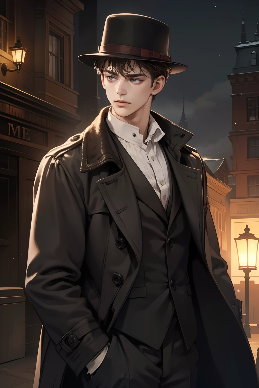 masterpiece, best quality, realistic, 1man, mature male, quiet and charming young man, 25 years old, close his eyes, serious look, extremely detailed face, ((dark grey eyes)), ((short-right-swept dark brown hair)), [thick eyebrows], detective, ((Dressed in a classic overcoat and fedora hat)), cinematic lighting, looking at the audience, posture dynamics, Victorian era