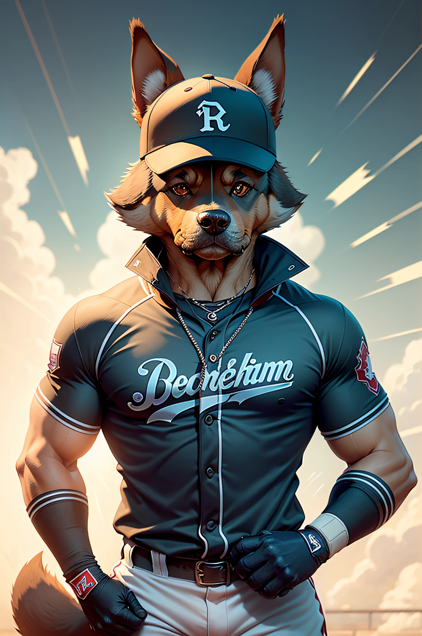 C4tt4stic, Cartoon Doberman dog of baseball player hitting in baseball uniform(The specifics of the appearance of Doberman dogs)