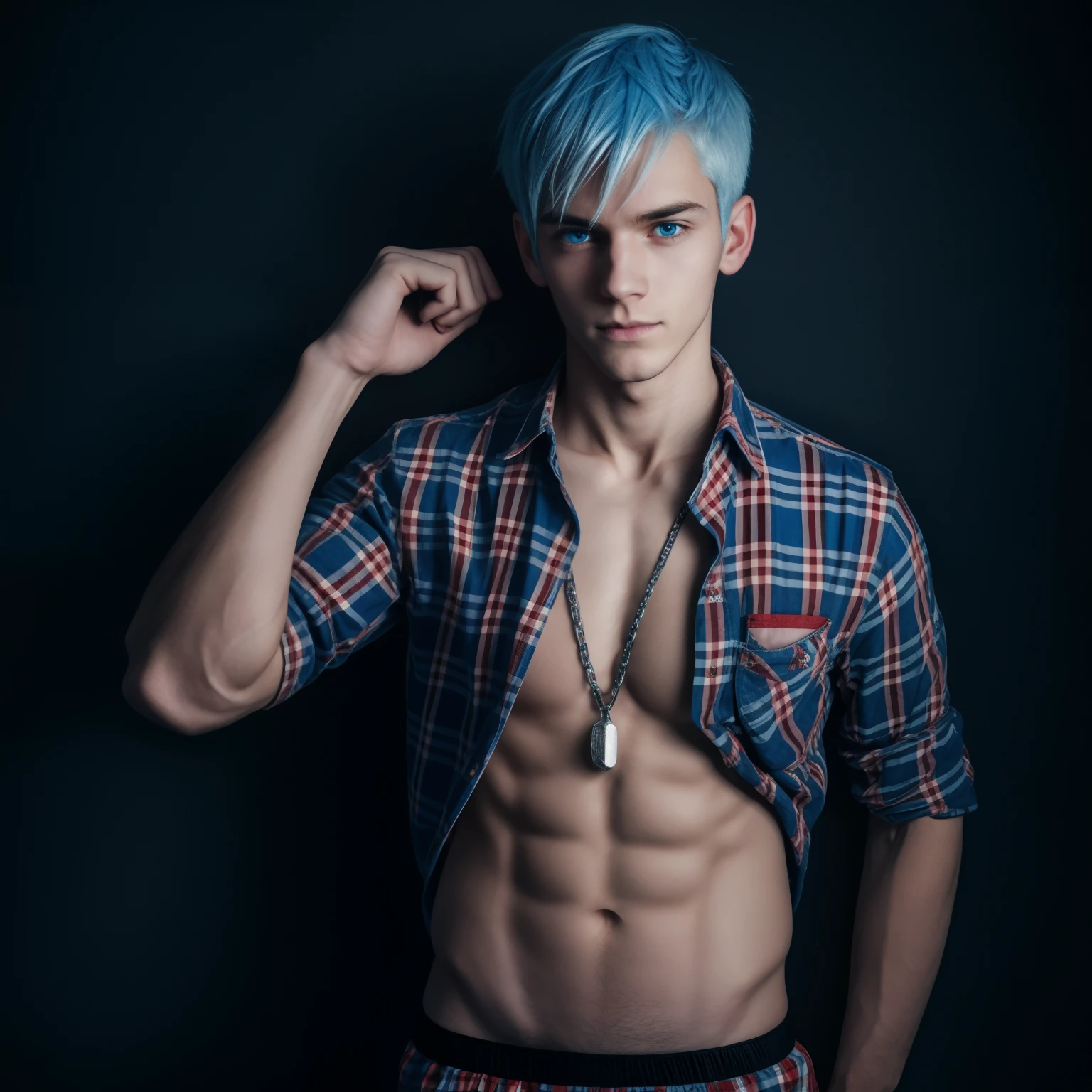male posing, tight boxers, skinny body, atmospheric, cute face, blue white hair, dead inside, red plaid shirt, dark lighting, hand at head, chainlet, ring, robotic eye