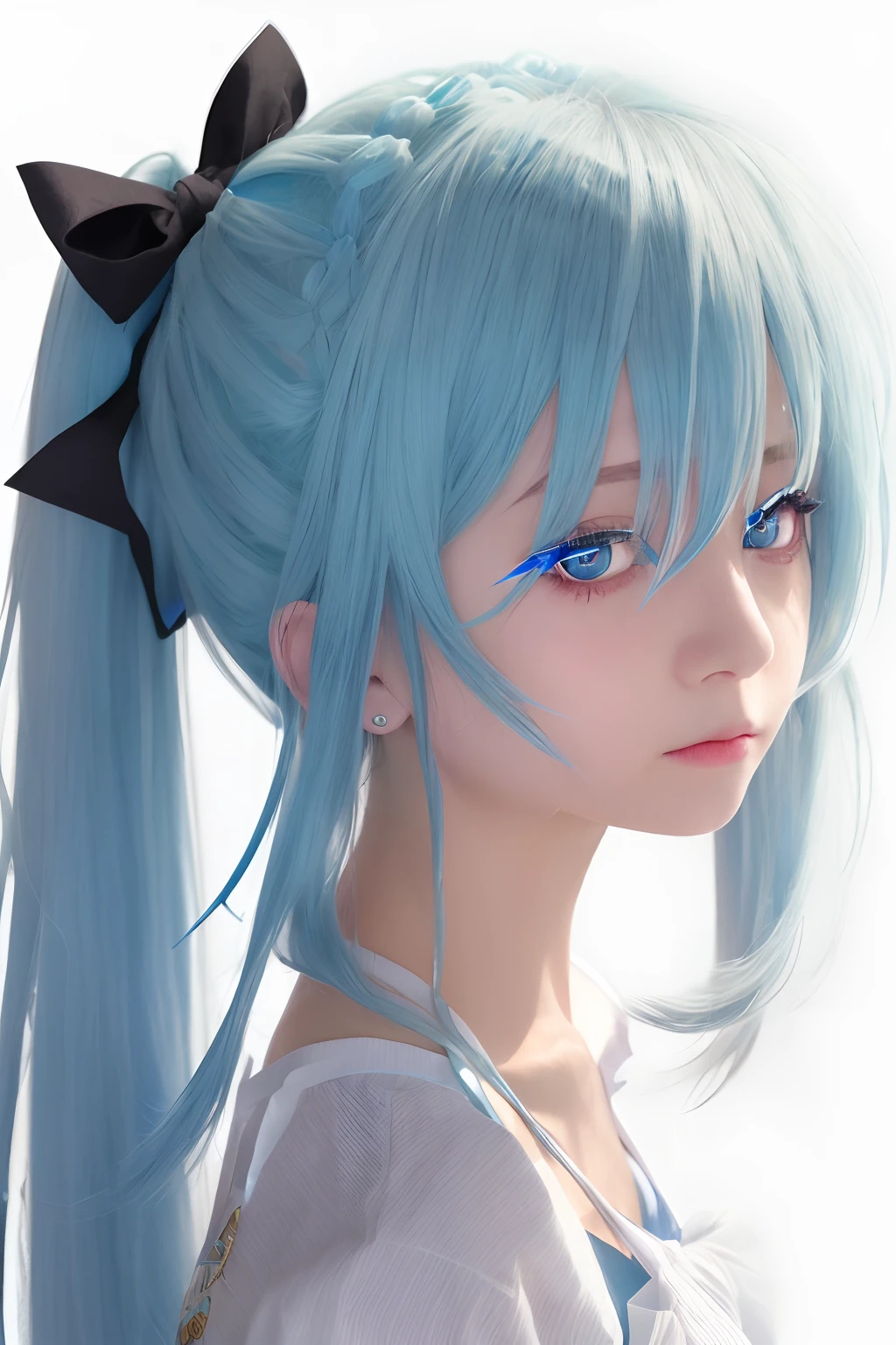 1 girl, Rimuru Tempest, white skirt, blue hair and a bow in her hair, ponytailgirl hair, golden yellow eyes, realistic, ultra detail, hatsune miku portrait, beautiful face, 70mm lens,