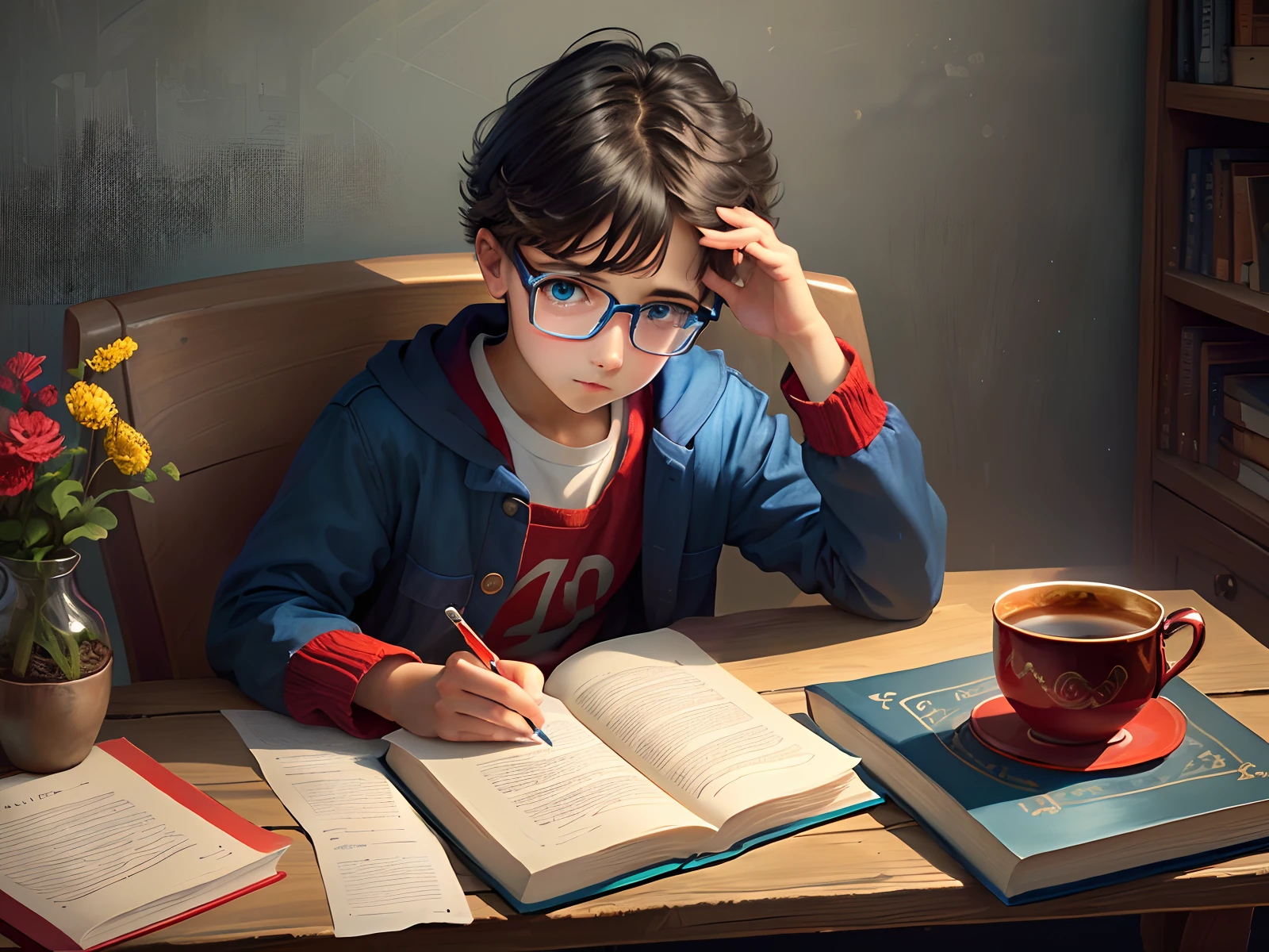 Blue and red tones,Little boy with glasses,Sit and look at the book and think,The picture is a pixel
