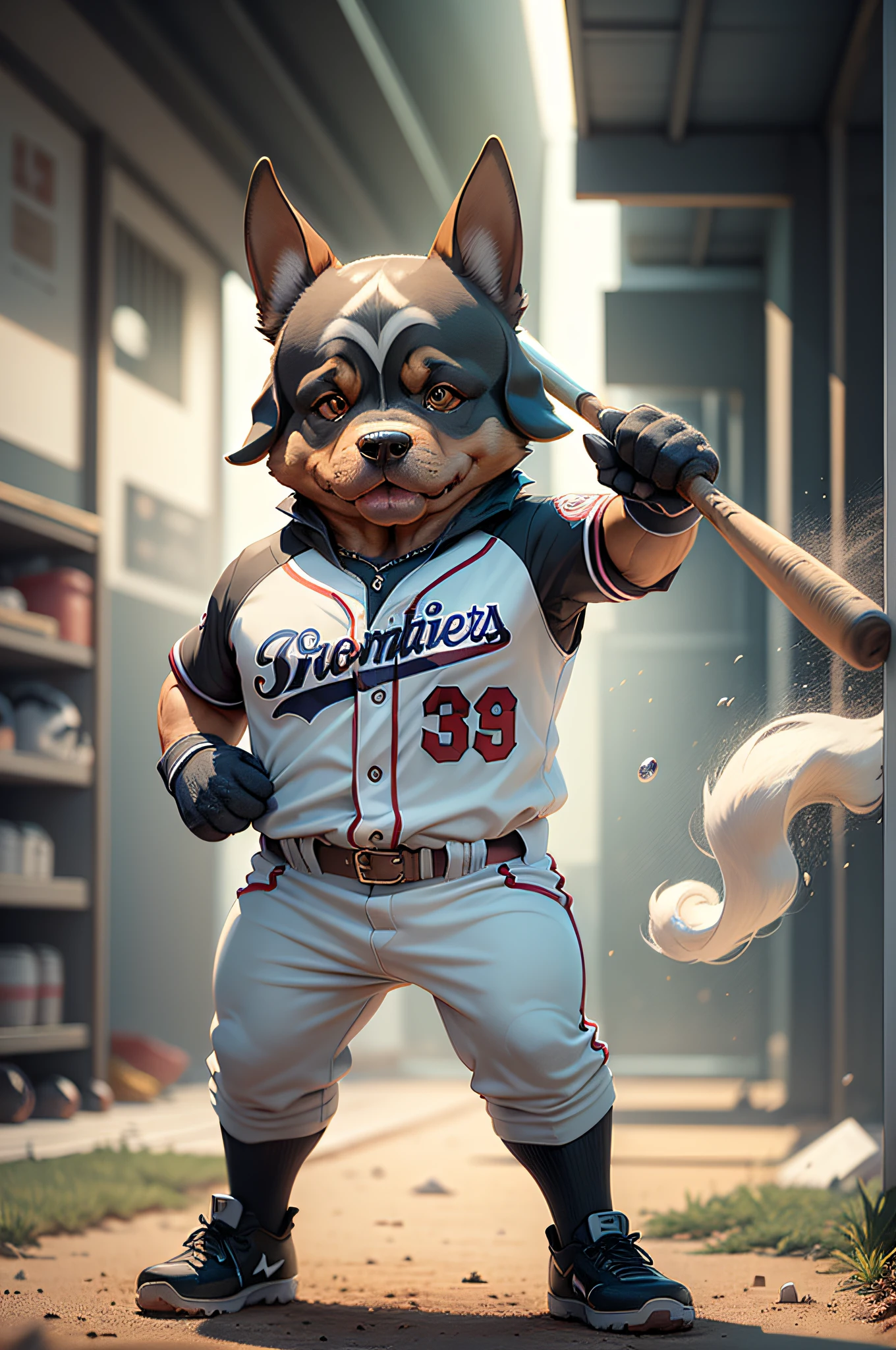 C4tt4stic, Cartoon Doberman dog of baseball player hitting in baseball uniform(The specifics of the appearance of Doberman dogs)