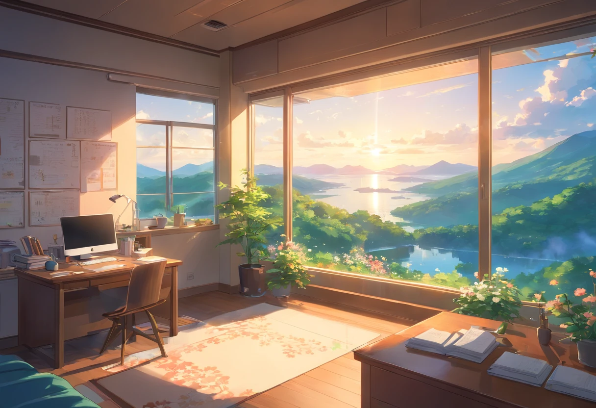 No human, Study in the room, Cozy study desk, Large windows overlooking beautiful nature views, (Gaze at the scenery), Floral notes