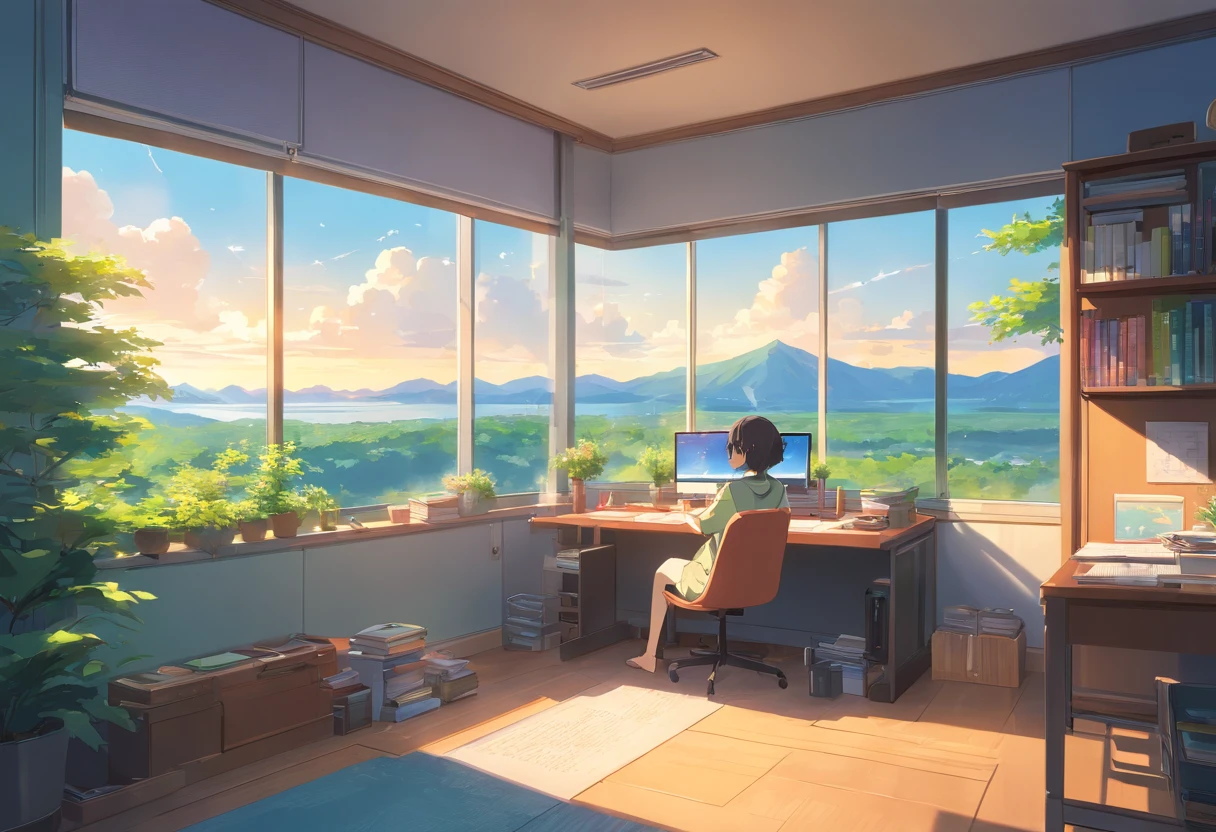 No human, Study in the room, Cozy study desk, Large windows overlooking beautiful nature views, (Gaze at the scenery), Floral notes