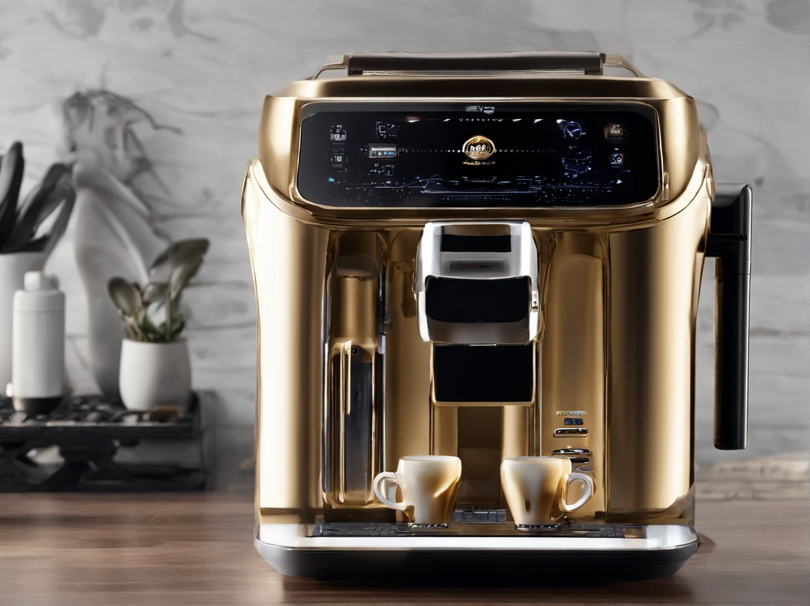 Ivory gold artificial intelligence coffee machine rice cooker with angel wings，mistic，Strong awareness of science and technology，The details of the device are clear and complete，The composition is detailed，