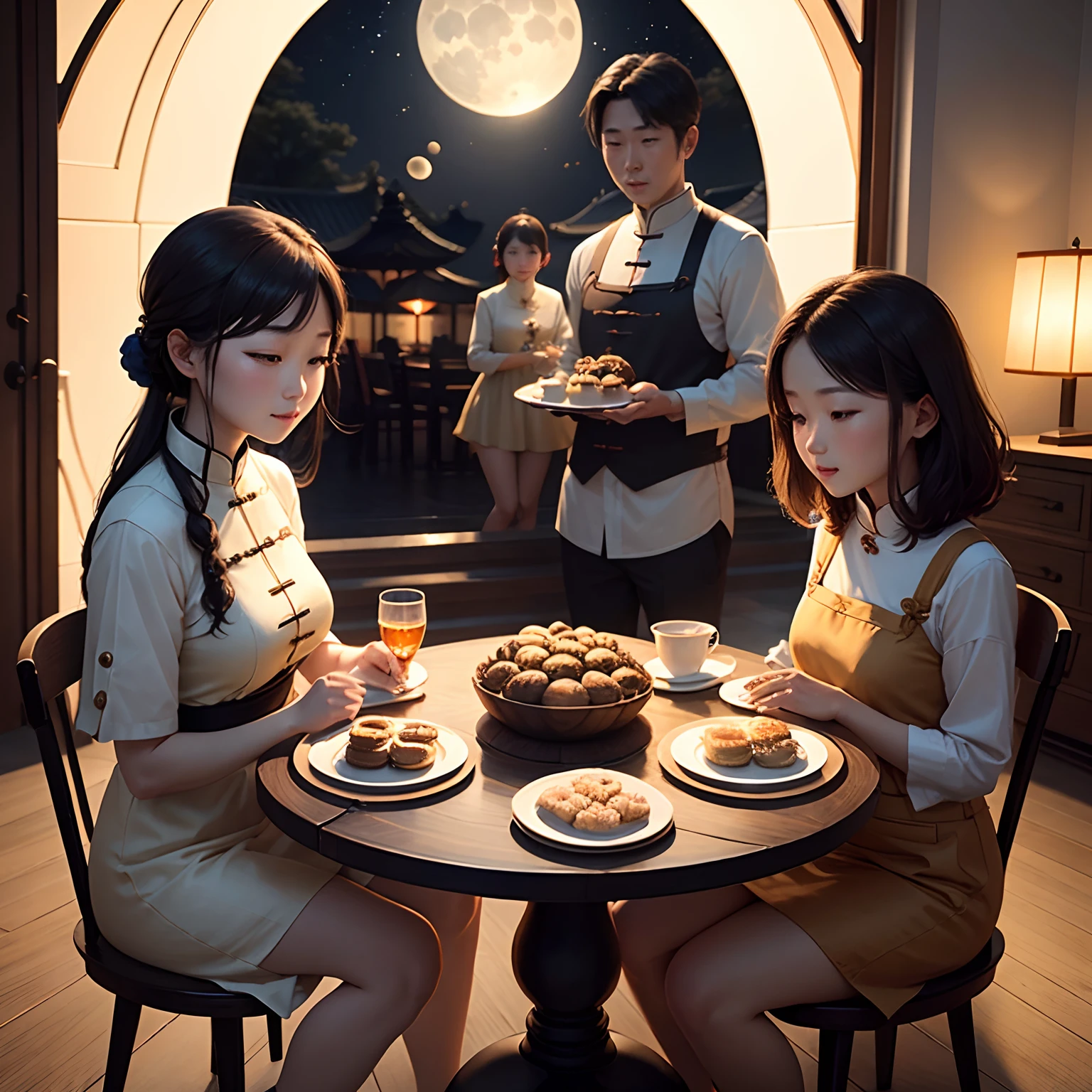 The Mid-Autumn Moon Viewing painting depicts a family sitting around the courtyard,The table was filled with delicacies and mooncakes。Moonlight is like water on the picture,Creates a warm atmosphere。The characters look up at the sky,Admire the bright moon,Full of happiness and expectation,Let people feel the joy of watching the moon in the Mid-Autumn Festival and the warmth of reunion。