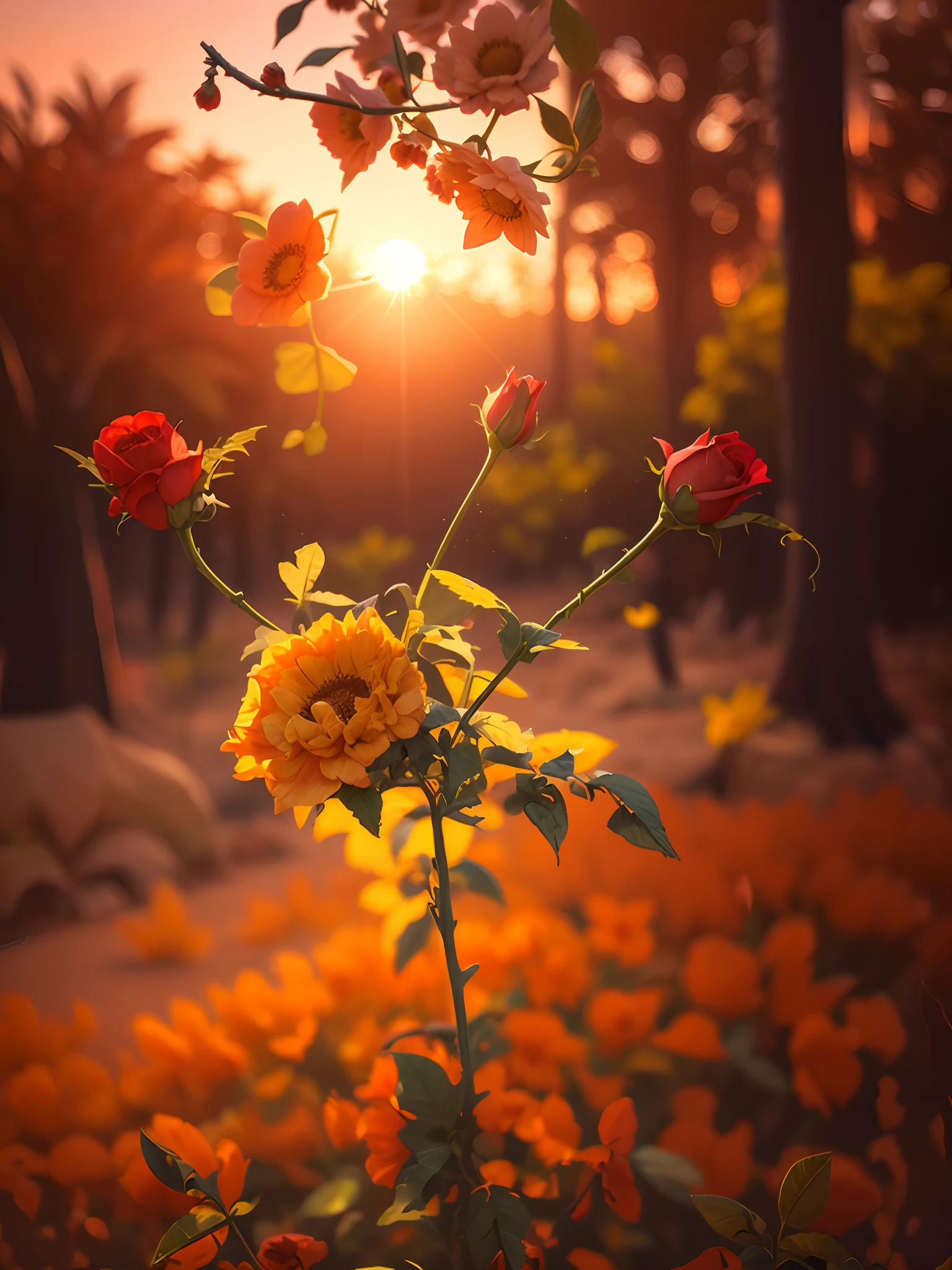Realistic flowers color red Background change on sun set view 8k