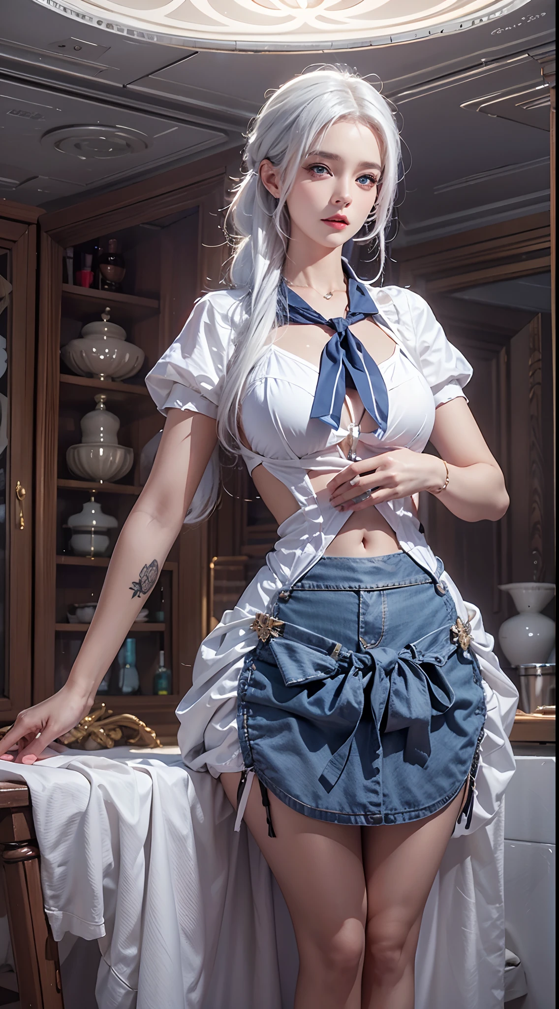 photorealistic, high resolution, soft lights, 1women, mature female, solo, hips up, blue eyes, white hair, long hair, maid costume, hips up, jewelry, tattoo