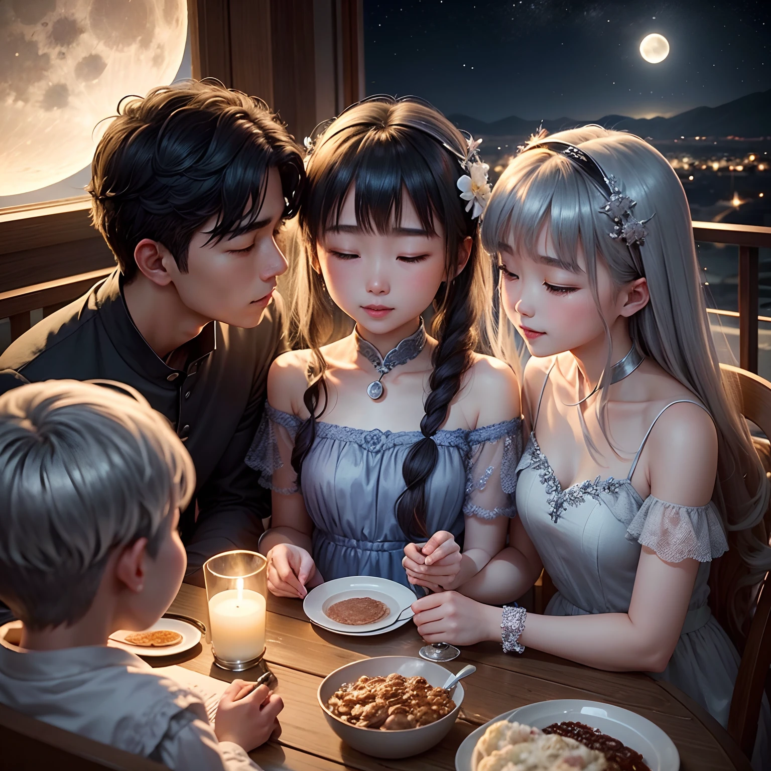 Mid-Autumn Night,The family sits around,Look up and admire the moon,Share the joy of reunion。Moonlight is like water,Family laughter echoed in the night sky。