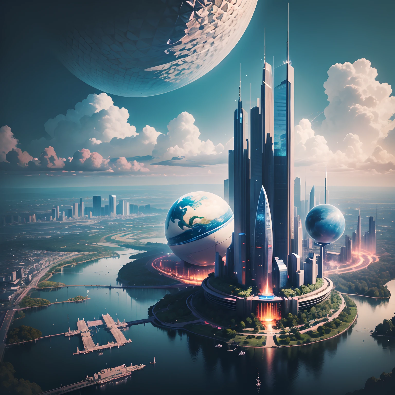 A world of clouds、epcot,cyberpunked,on clouds,masterpiece,超A high resolution,Beautiful sky world,utopian,𝓡𝓸𝓶𝓪𝓷𝓽𝓲𝓬,World of Dreams,Too great,Skyscrapers,Sky City,top-quality,HD Images,A world that modern humans cannot create,