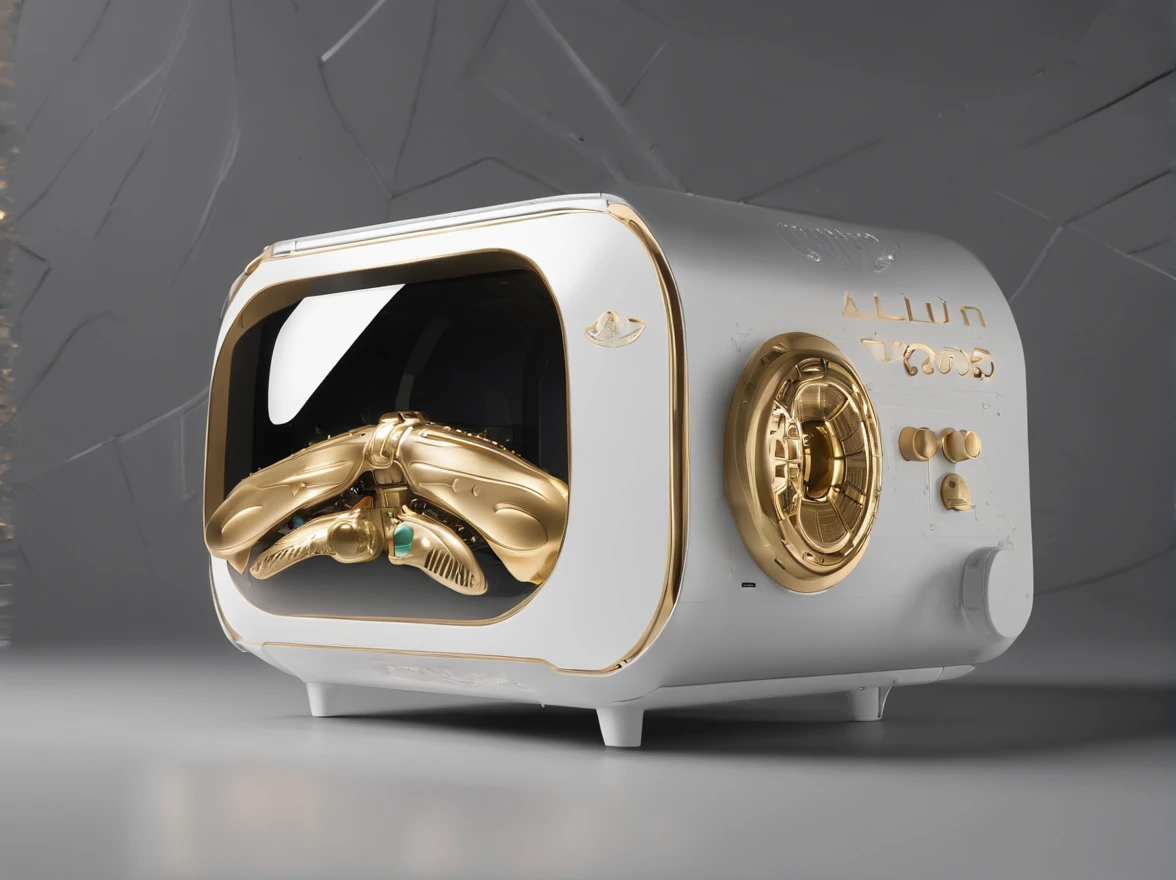 Ivory gold artificial intelligence rice cooker wearing angel wings,mistic,Strong sense of technology,The details of the device are clear and complete,The composition is detailed,