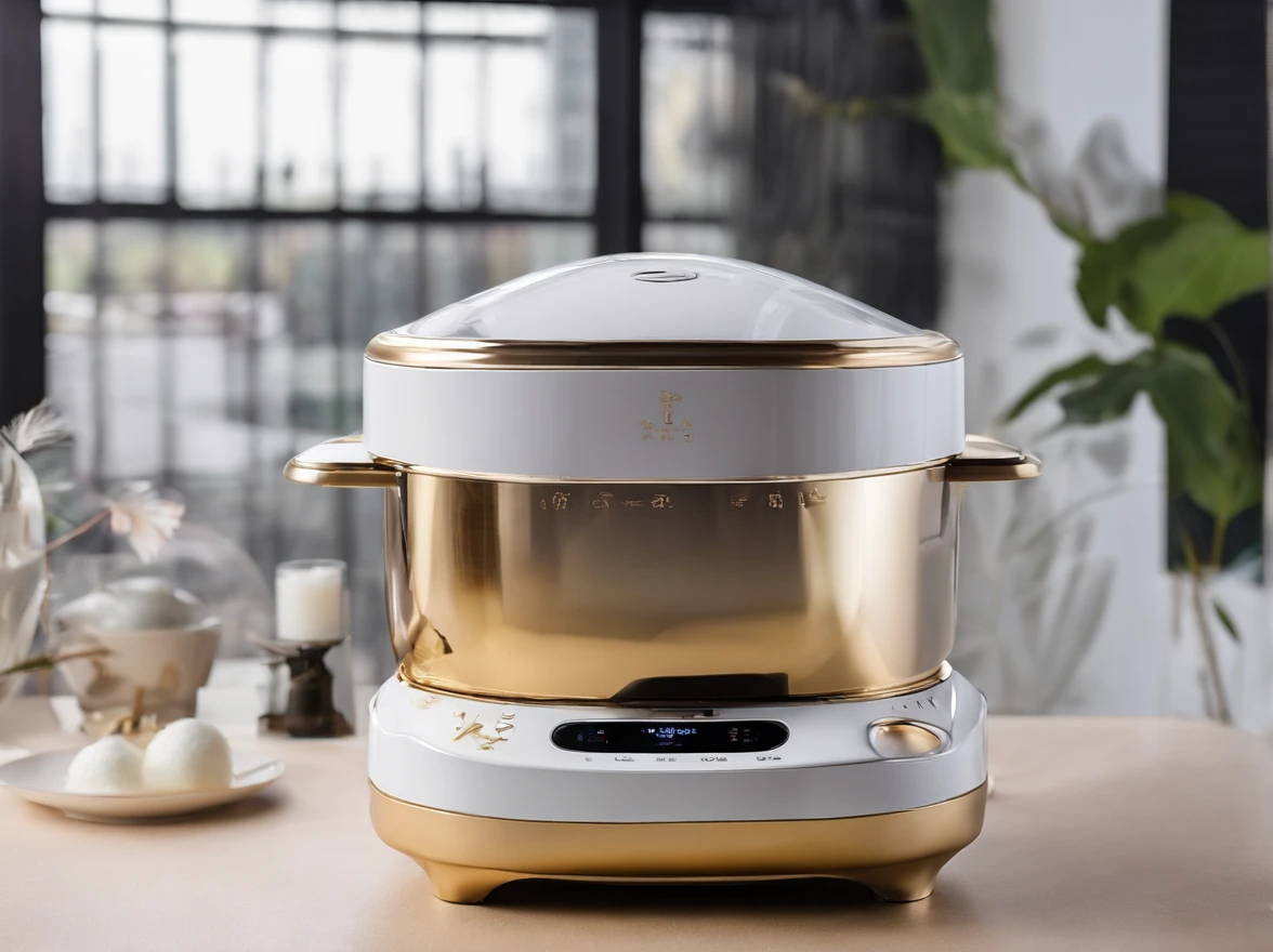 Ivory gold artificial intelligence rice cooker wearing angel wings,mistic,Strong sense of technology,The details of the device are clear and complete,The composition is detailed,