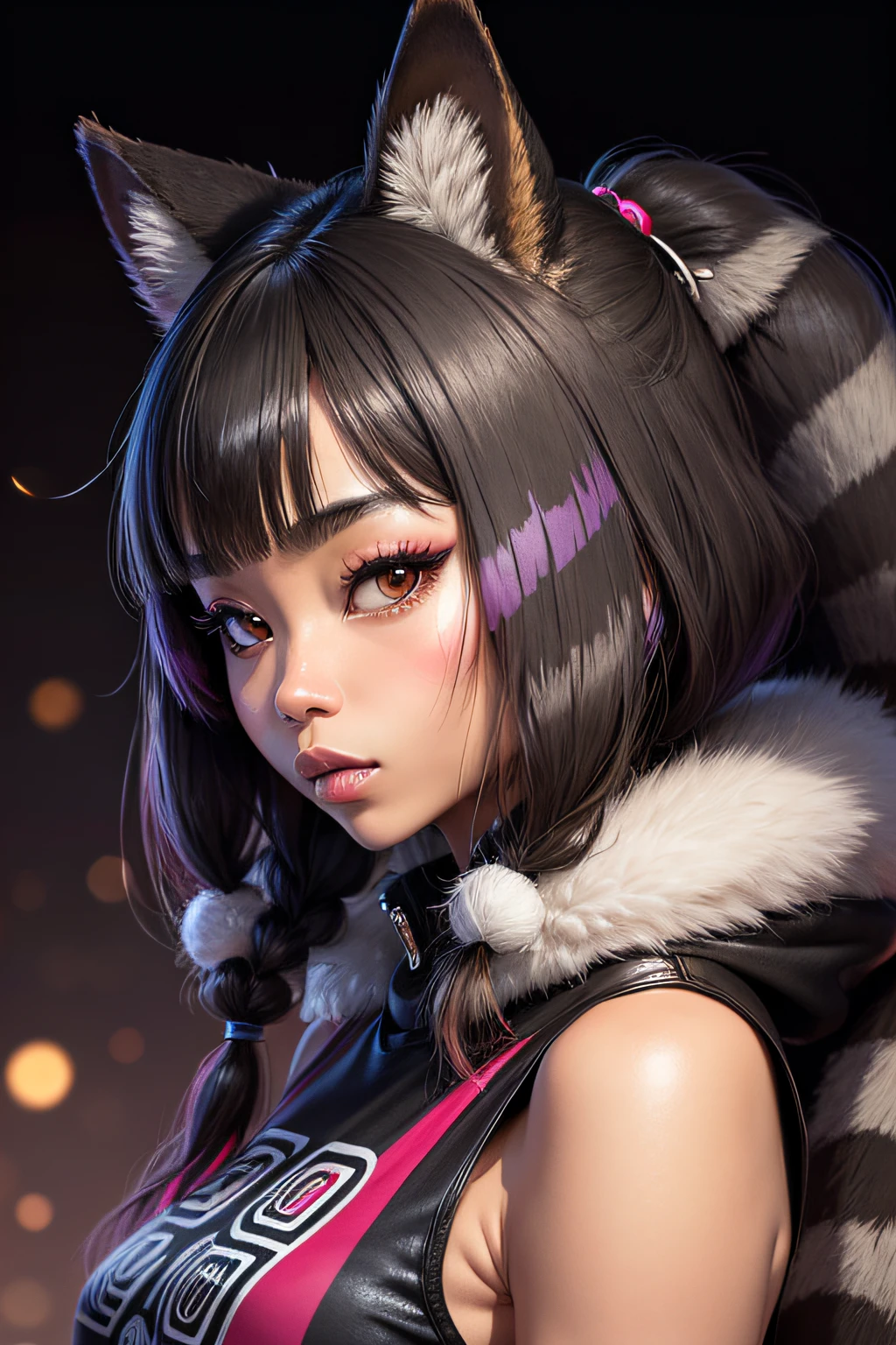 Groovy Japanese 40 year old female raccoon face and ears, with human body, 3/4 profile portrait black woman, modern fashionable style. funky wild 2023 accessories. etc. blurry holiday background