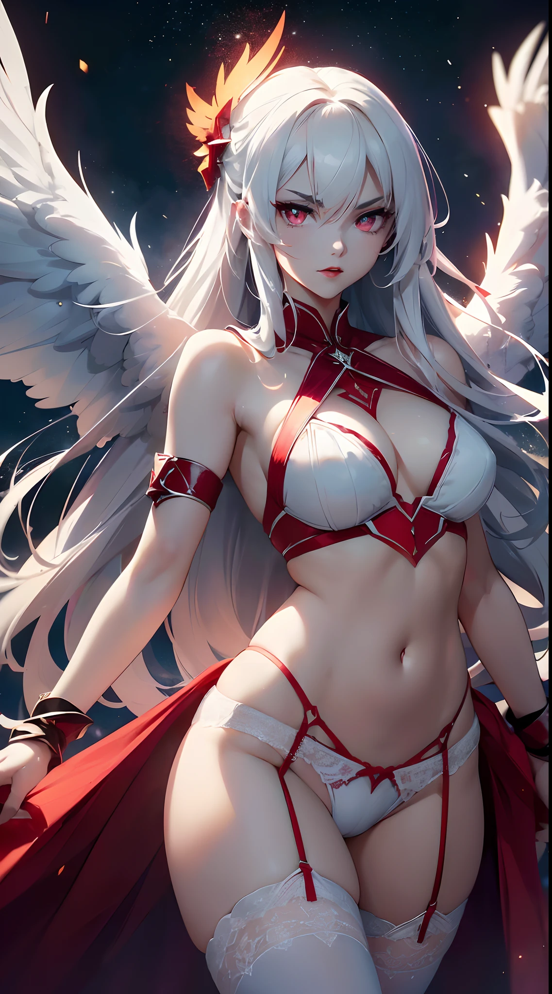 20 year old young woman( Long white hair ),(bright red eyes)<=(eyes HD lighting) (has red lips), beautiful eyebrows (badass expression) both hands have red bracelets on the arms (wears clothes made of transparent white cloth) (sexy white underwear model Garter Belt ) (has 6 large wings with a beautiful bright green color) (He wears gold bracelets on both feet) (sky setting at sunset) (there is an effect of bright red particles flying in the background, (flying) (pose during serious fighting) <=(lunging forward)giving an elegant and epic impression.dark atmosphere with bright particle light(many effects in background)HD lighting and dark )(epic image quality)(many effects in background)HD lighting and dark )<=(epic image quality)dark atmosphere with bright particle light(many effects in background