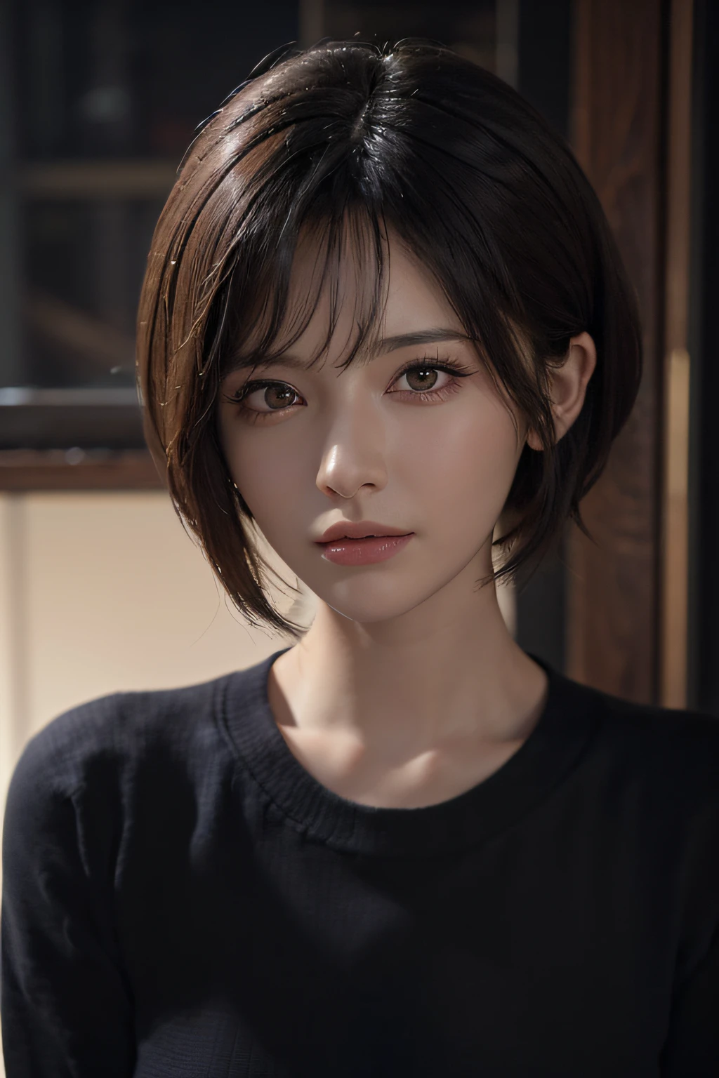 (masterpiece:1.3), (8k, photorealistic, RAW photo, best quality: 1.4), (1girl), beautiful face, (realistic face), (black hair, short hair:1.3), beautiful hairstyle, realistic eyes, beautiful detailed eyes, (realistic skin), beautiful skin, (sweater), absurdres, attractive, ultra high res, ultra realistic, highly detailed, golden ratio