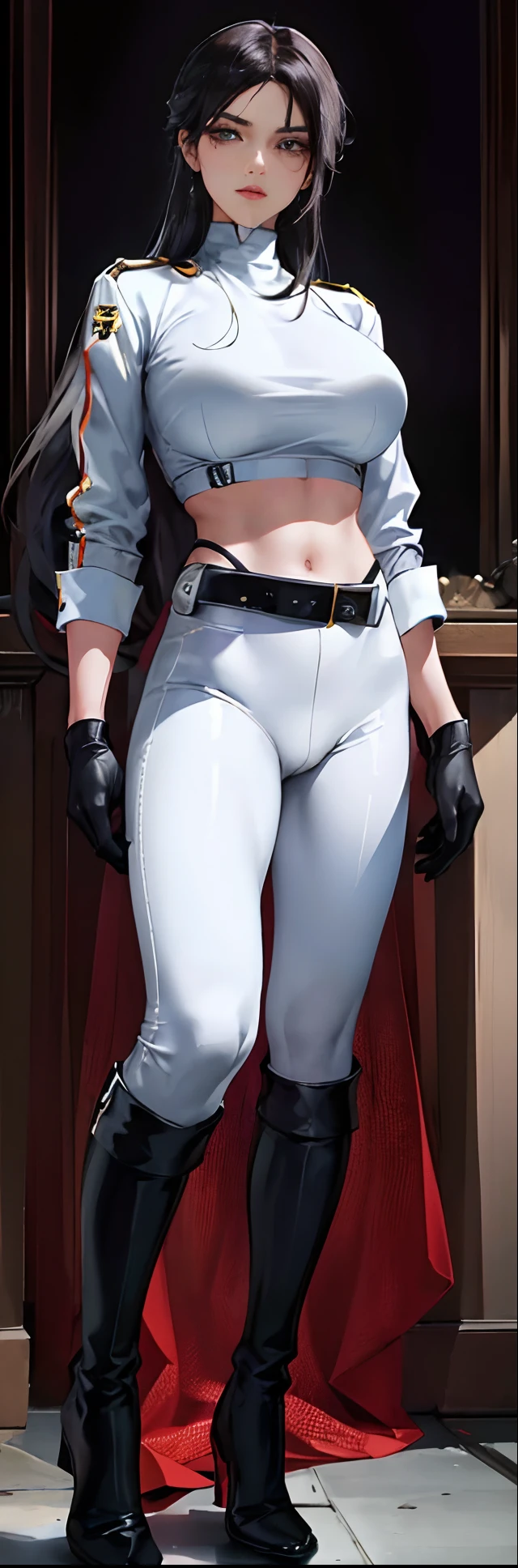(highest resolution, distinct_image) best quality, a woman, solo, masterpiece, highly detailed, semi realistic, black cropped, black hair, bangs, 18 years old, mature, young, tall strong, uniform, military uniform,indoor background, cold, serious, tall, handsome, autocratic, powerful, exquisite facial features, exquisite facial features, (full body)(black knee-high boots)(dominatrix:0.3)(white Yoga pants),(gloves:1.5)(long sleeves),(active sportswear shirt),(princess Zelda)(sheik),solo,1girl,(looking at viewer),(from below:0.33)