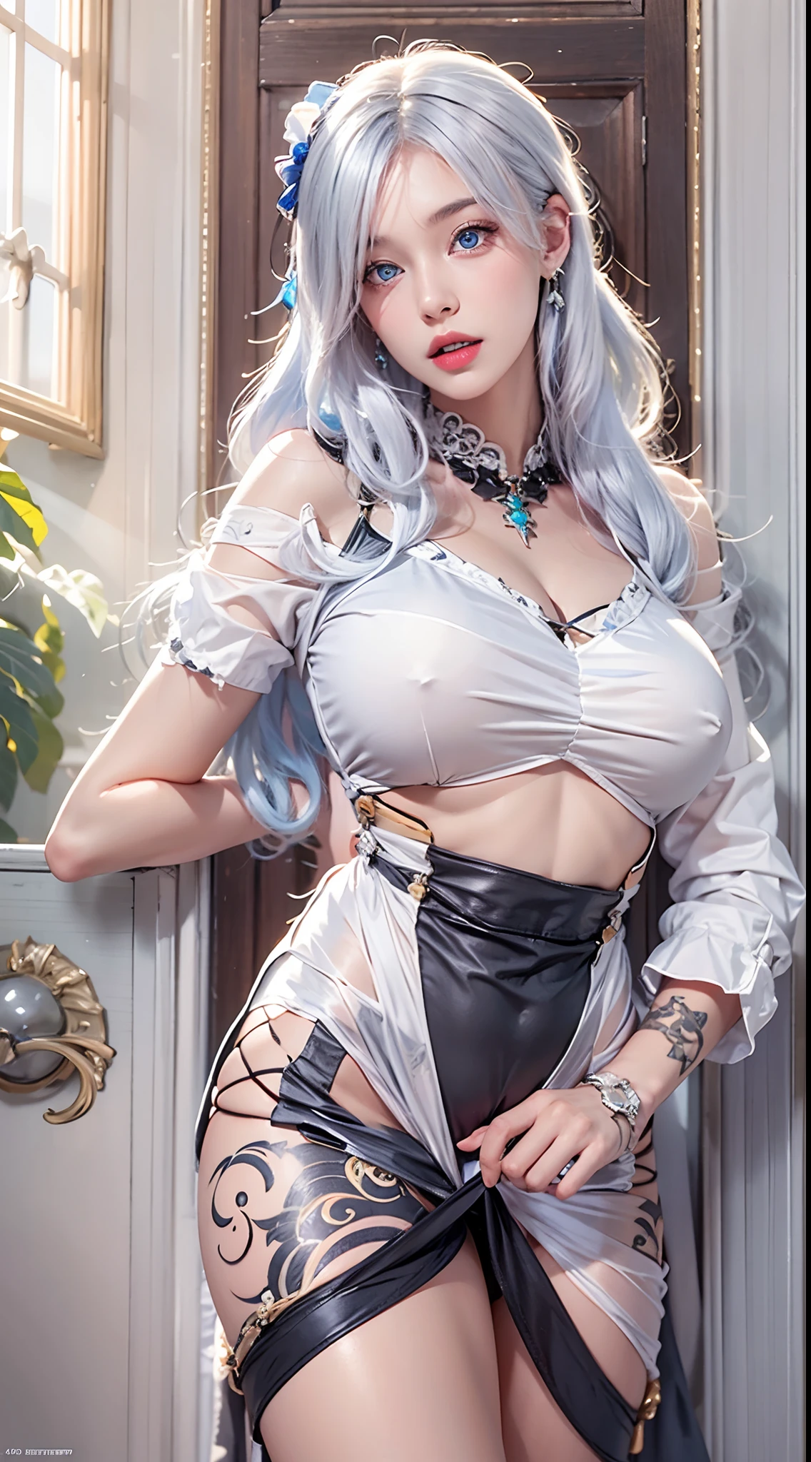 photorealistic, high resolution, soft lights, 1women, 25 years old, solo, hips up, blue eyes, white hair, long hair, maid costume, hips up, jewelry, tattoo